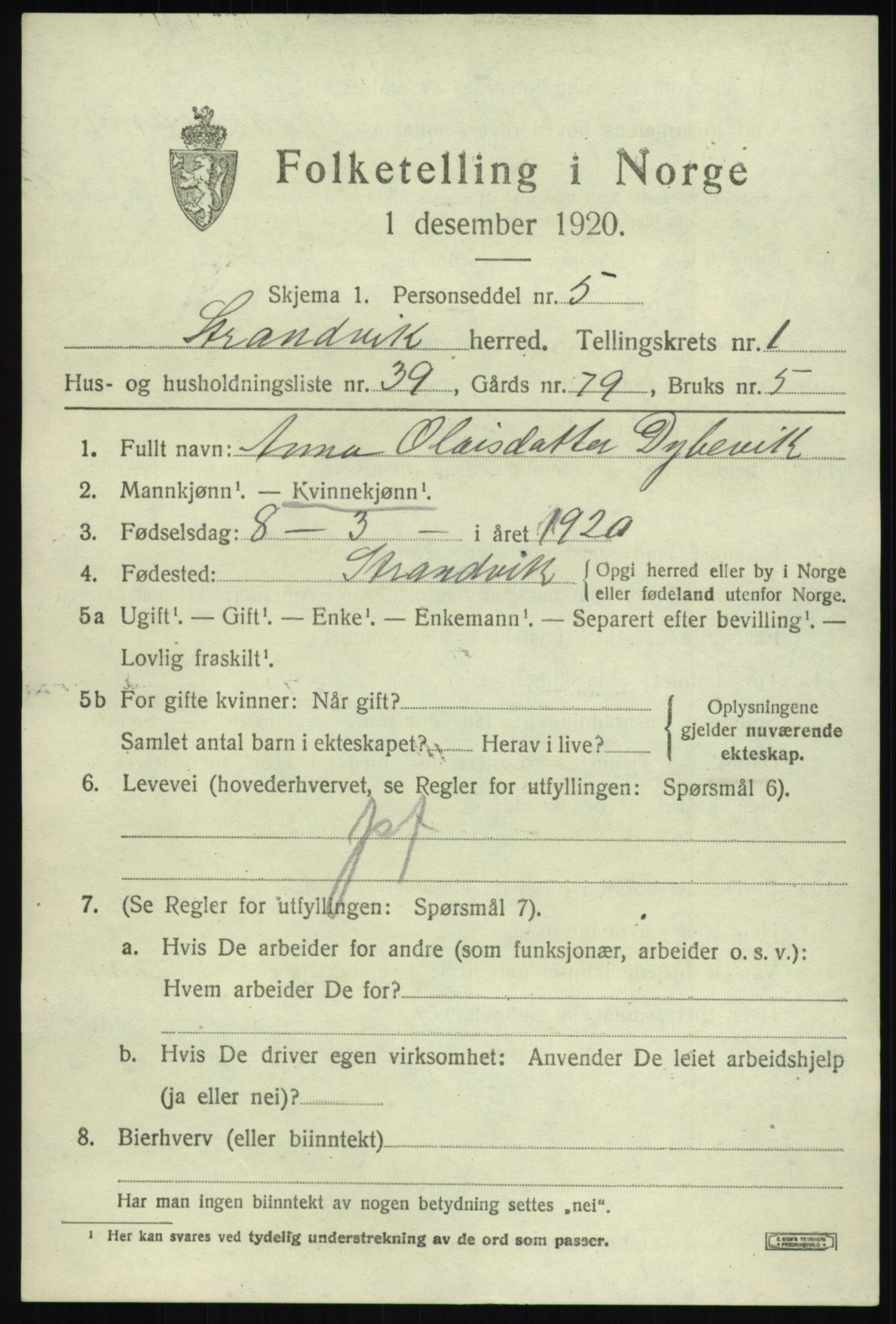 SAB, 1920 census for Strandvik, 1920, p. 1230