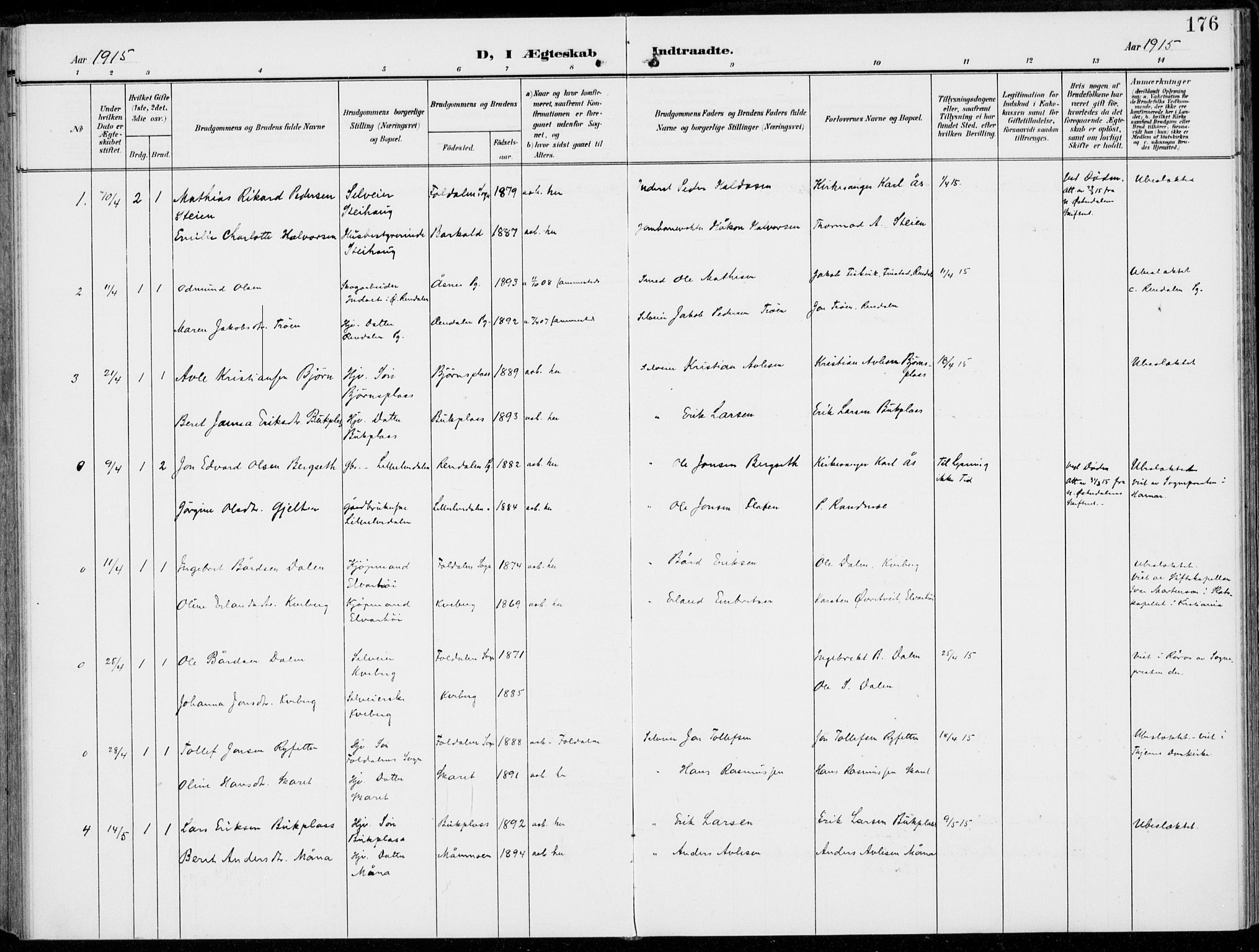 Alvdal prestekontor, SAH/PREST-060/H/Ha/Haa/L0004: Parish register (official) no. 4, 1907-1919, p. 176