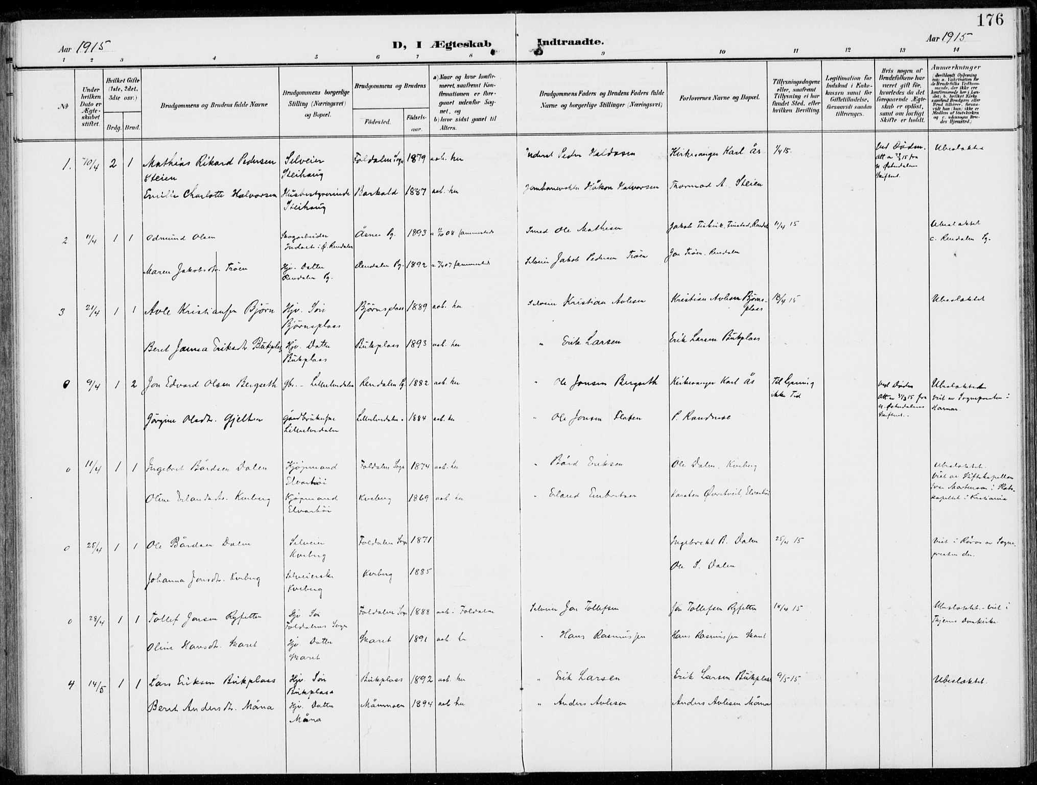 Alvdal prestekontor, AV/SAH-PREST-060/H/Ha/Haa/L0004: Parish register (official) no. 4, 1907-1919, p. 176