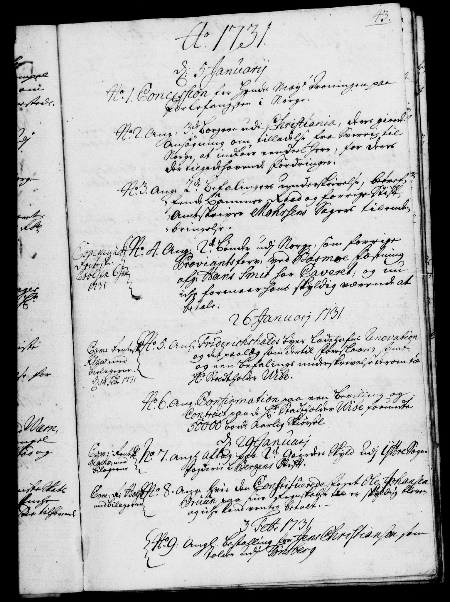 Rentekammeret, Kammerkanselliet, RA/EA-3111/G/Gf/Gfb/L0003: Register til norske relasjons- og resolusjonsprotokoller (merket RK 52.98), 1729-1736, p. 43