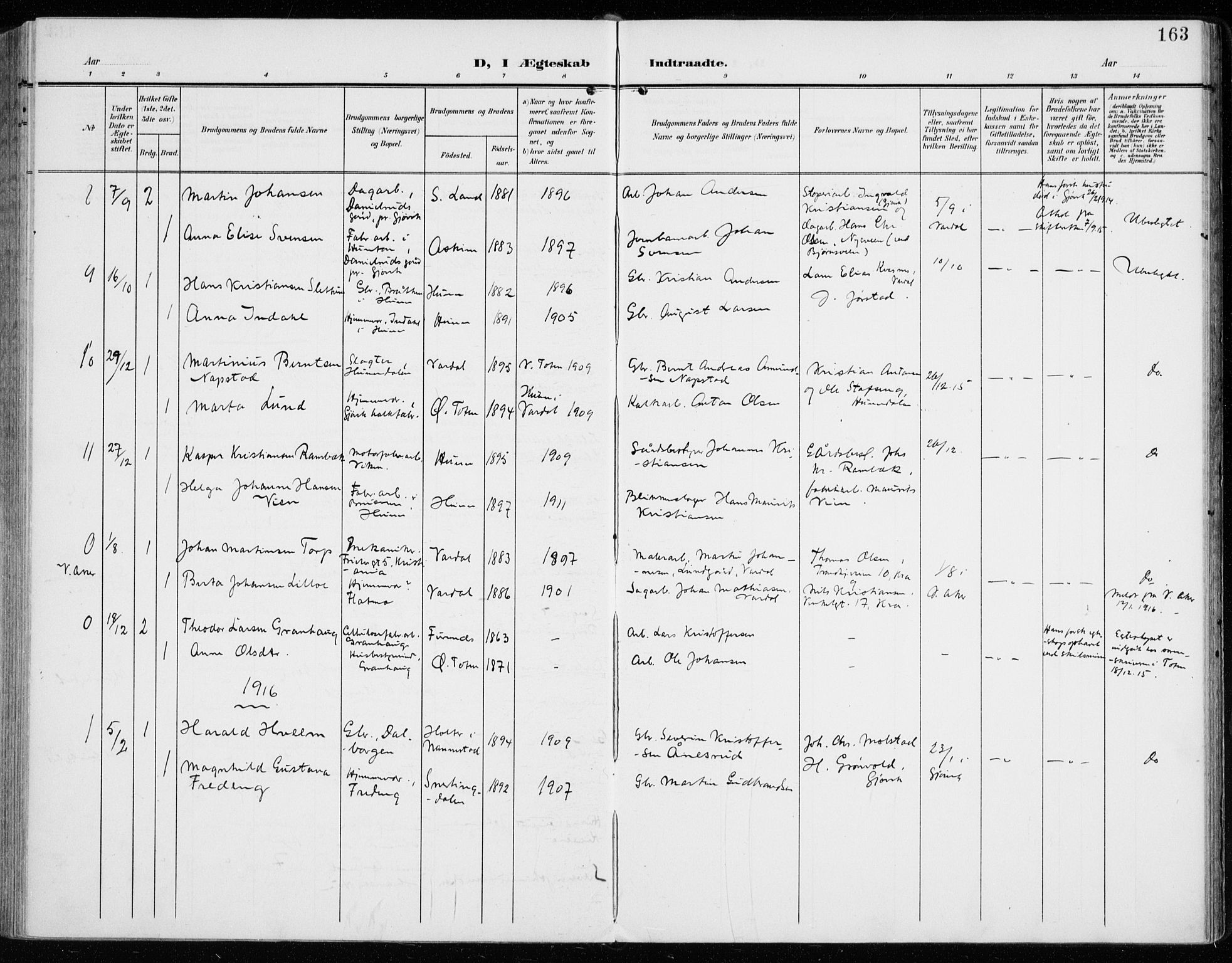 Vardal prestekontor, AV/SAH-PREST-100/H/Ha/Haa/L0016: Parish register (official) no. 16, 1904-1916, p. 163