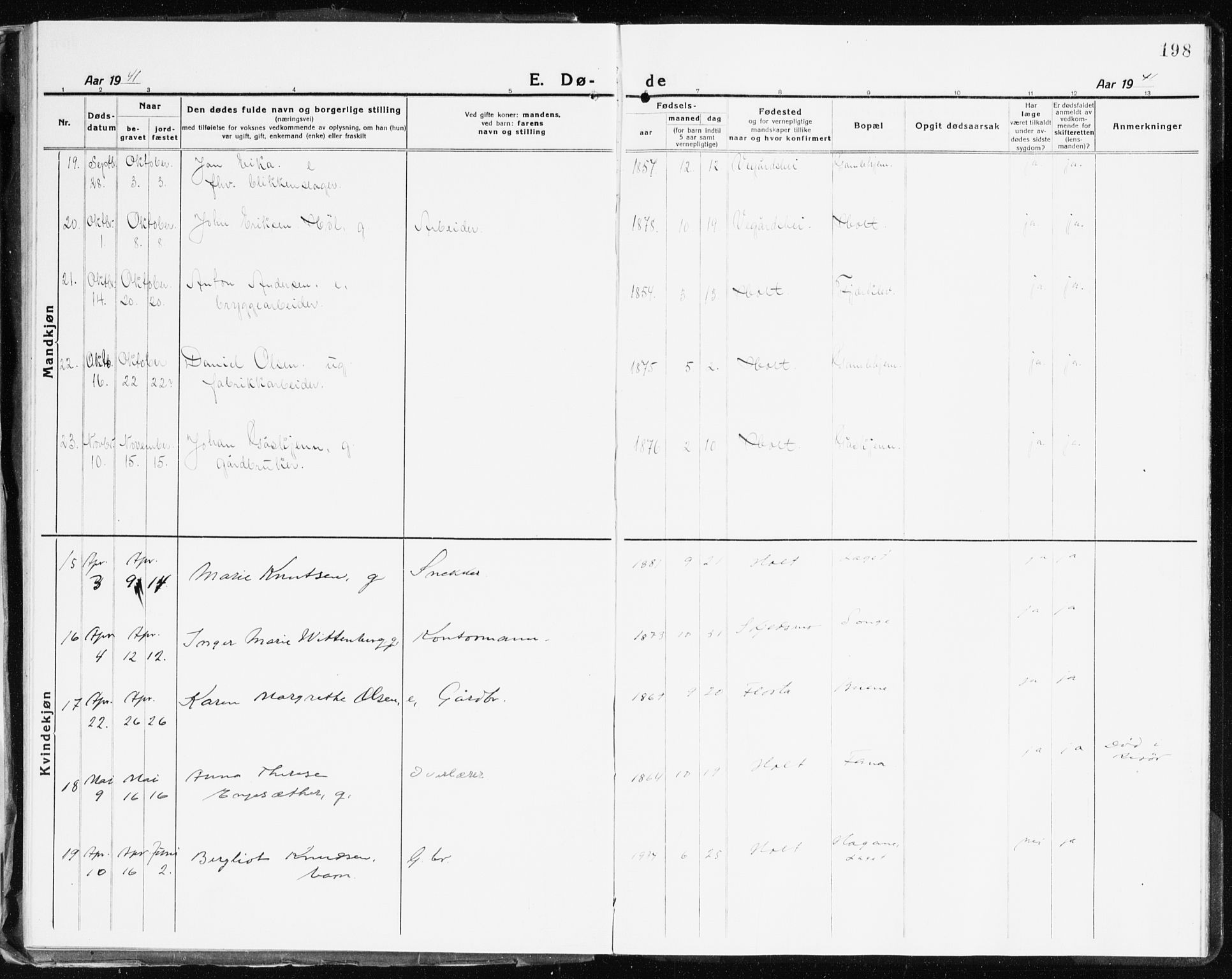 Holt sokneprestkontor, AV/SAK-1111-0021/F/Fb/L0012: Parish register (copy) no. B 12, 1919-1944, p. 198