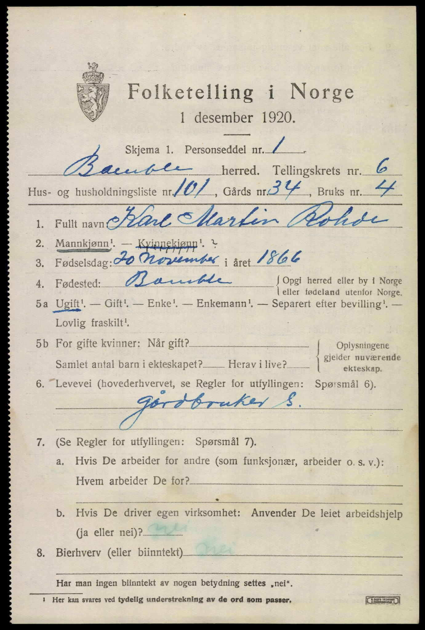 SAKO, 1920 census for Bamble, 1920, p. 6909