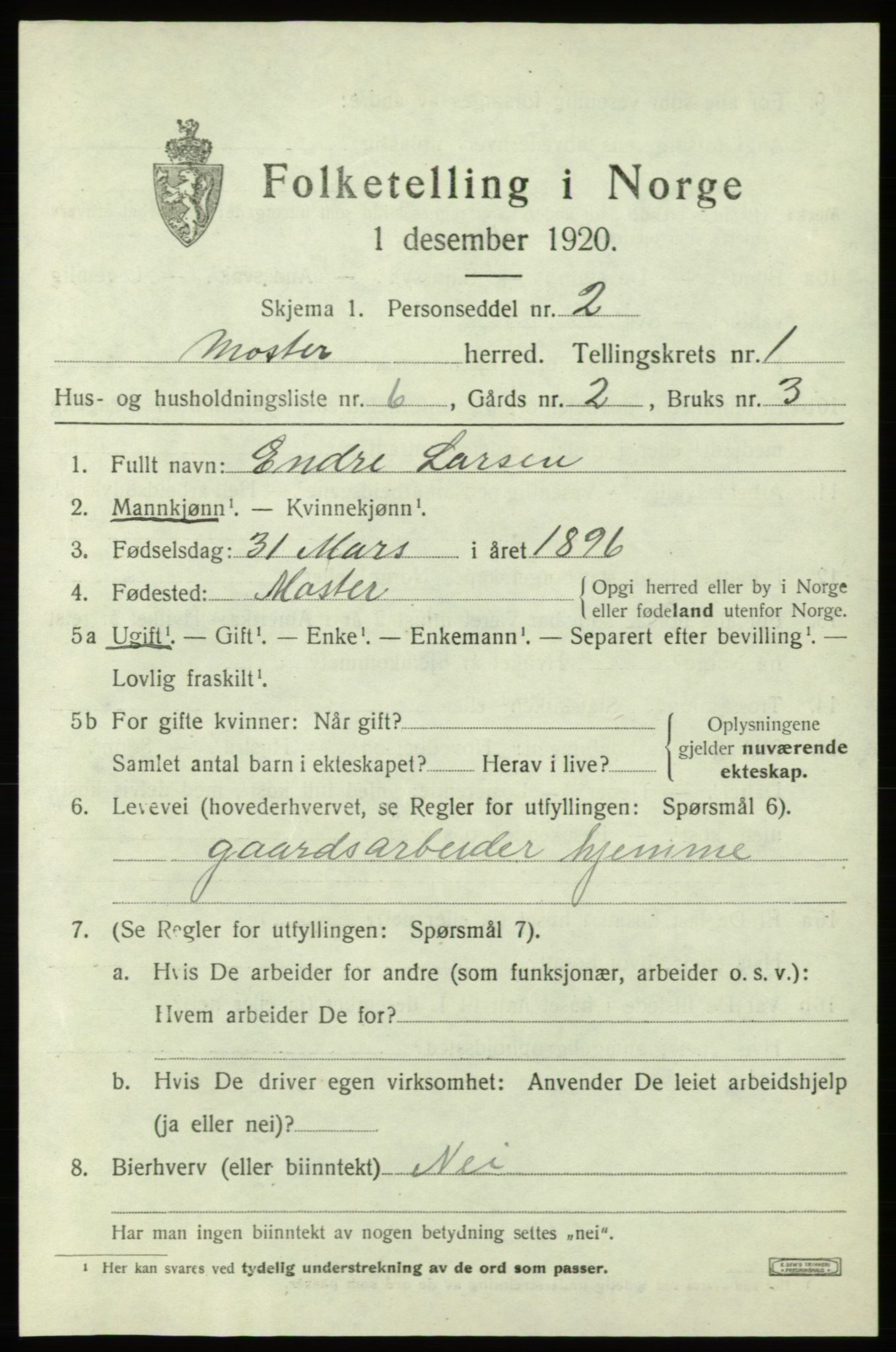 SAB, 1920 census for Moster, 1920, p. 521