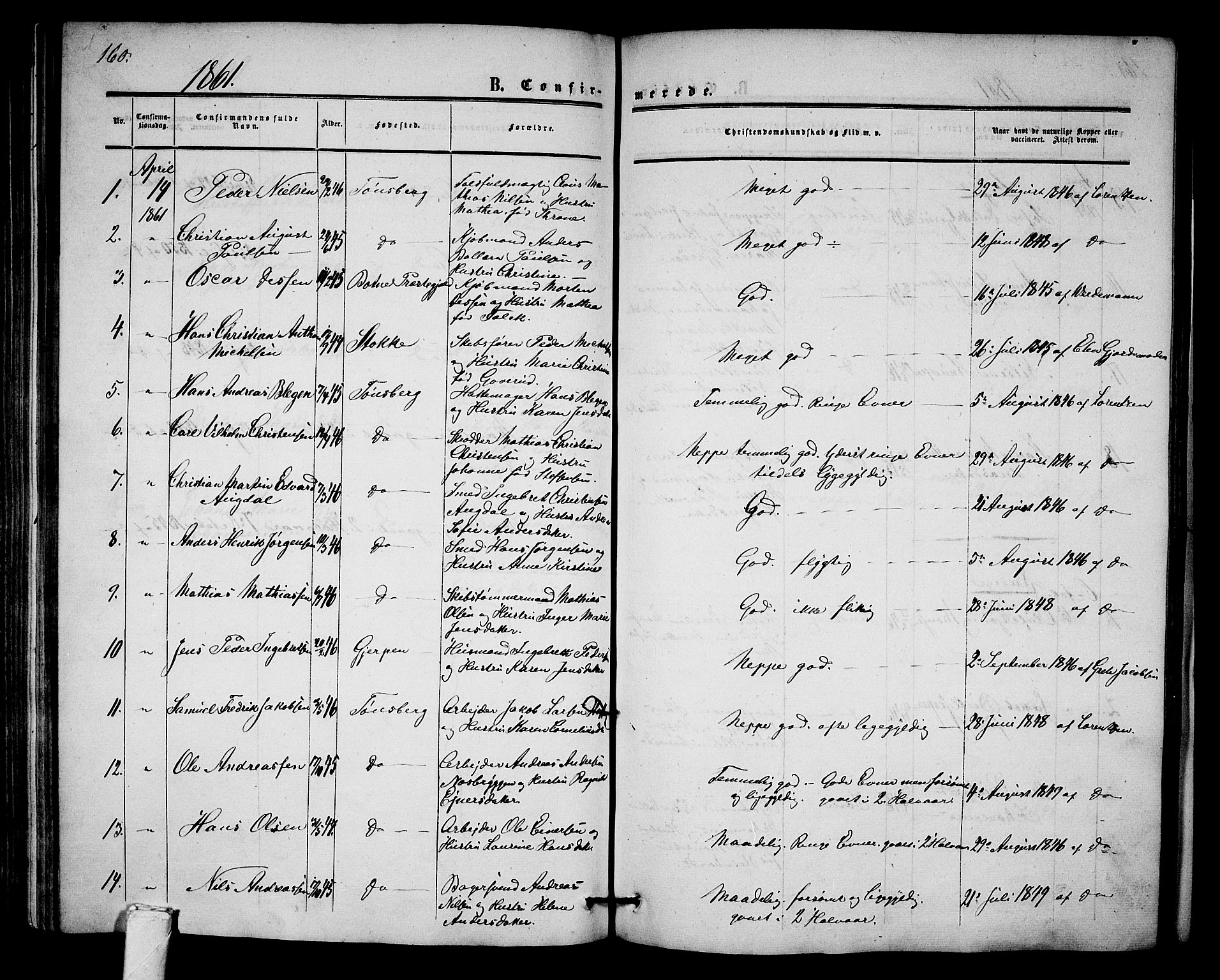 Tønsberg kirkebøker, AV/SAKO-A-330/G/Ga/L0003: Parish register (copy) no. 3, 1855-1864, p. 160