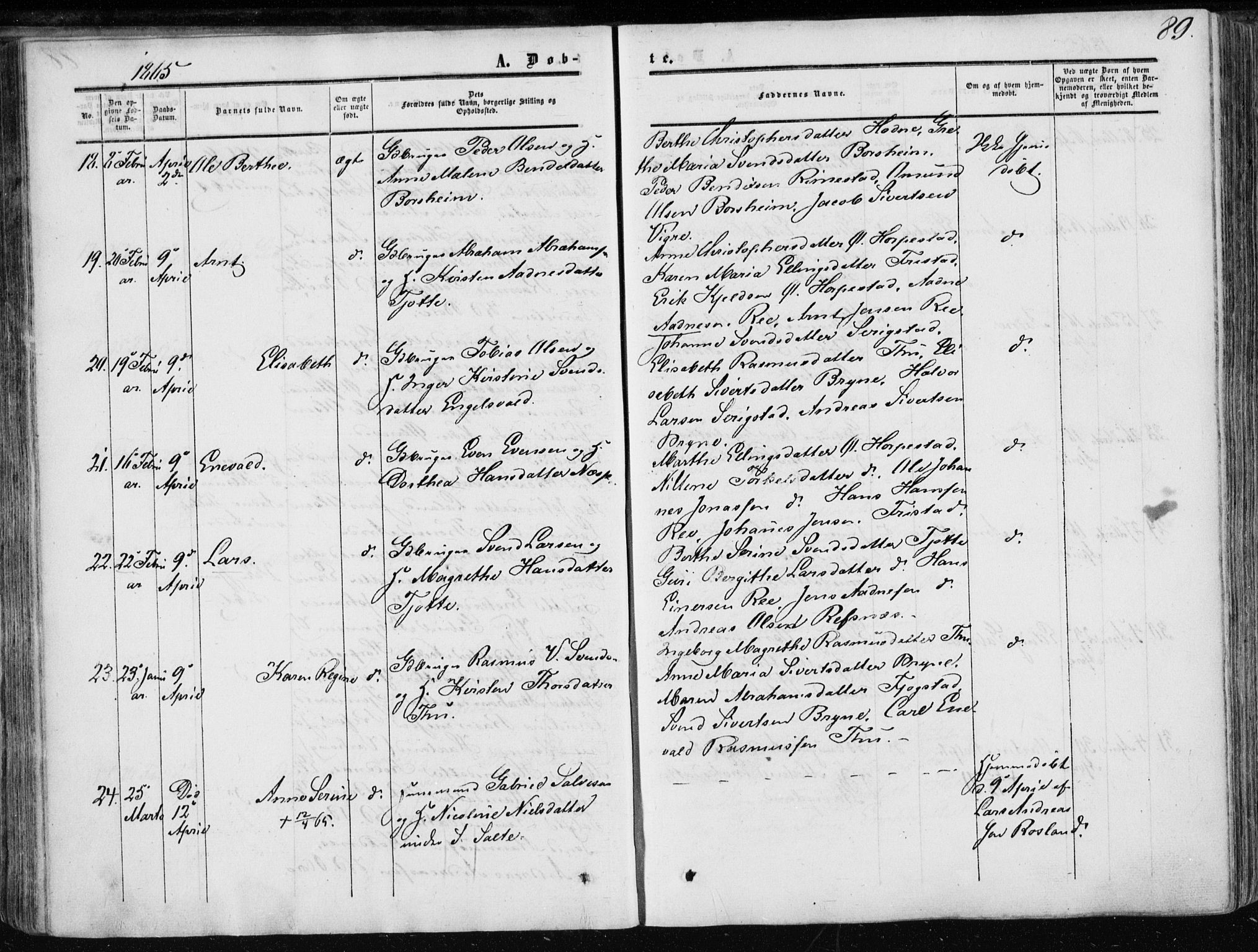 Klepp sokneprestkontor, AV/SAST-A-101803/001/3/30BA/L0005: Parish register (official) no. A 5, 1853-1870, p. 89