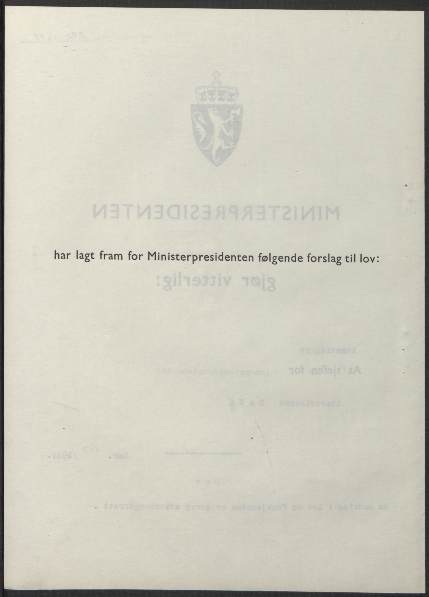 NS-administrasjonen 1940-1945 (Statsrådsekretariatet, de kommisariske statsråder mm), RA/S-4279/D/Db/L0100: Lover, 1944, p. 559