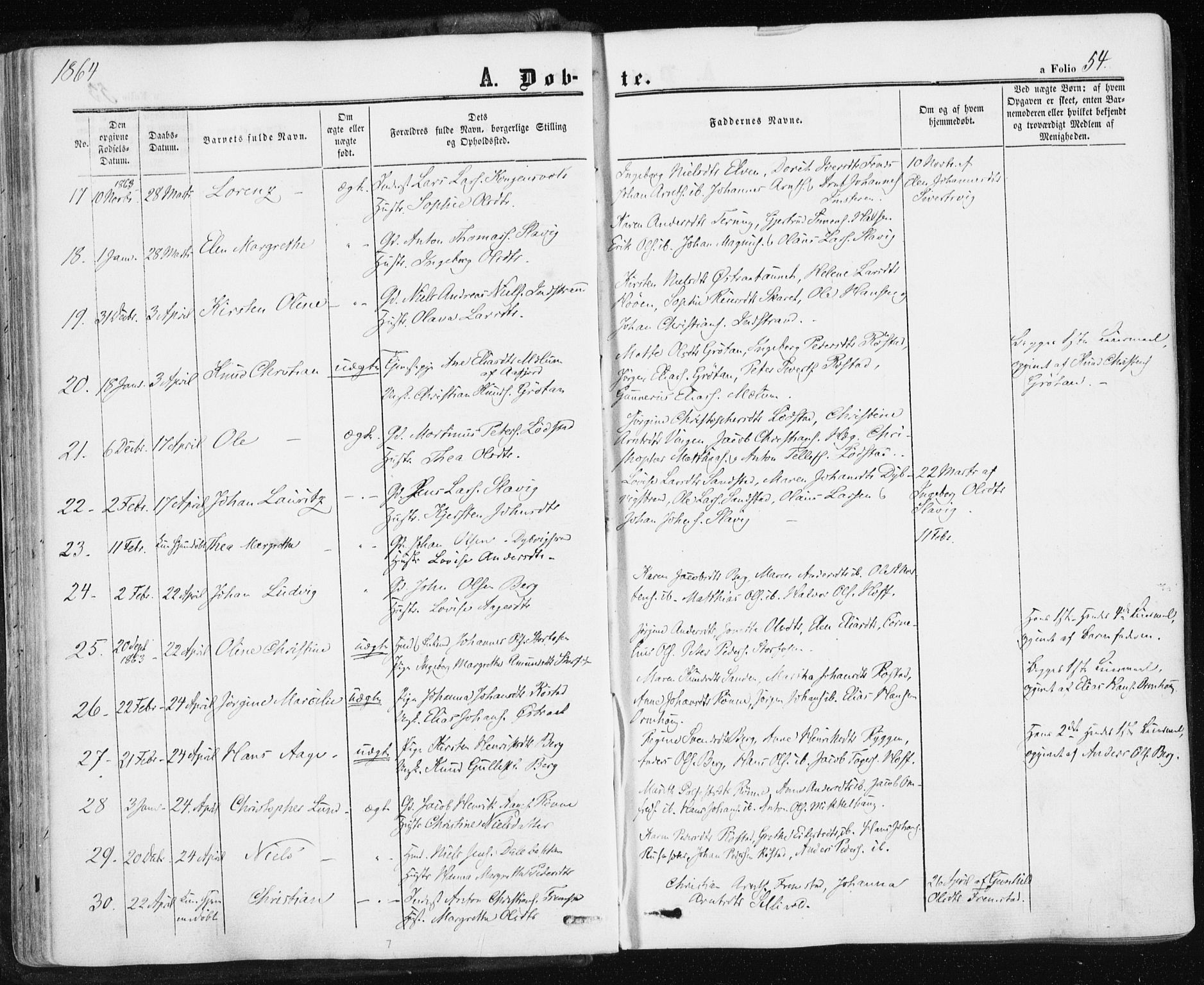 Ministerialprotokoller, klokkerbøker og fødselsregistre - Sør-Trøndelag, SAT/A-1456/659/L0737: Parish register (official) no. 659A07, 1857-1875, p. 54