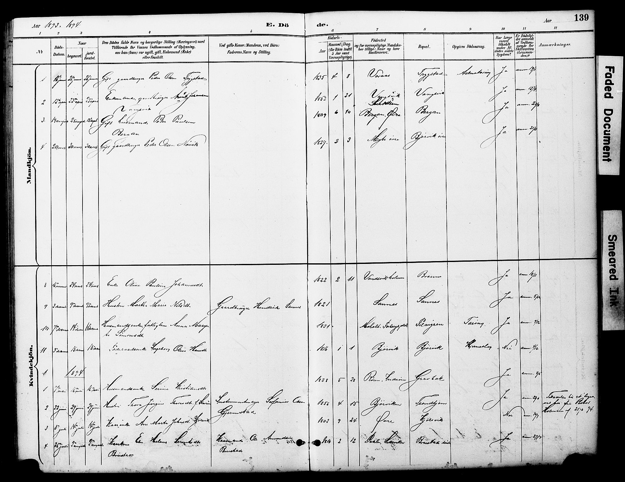 Ministerialprotokoller, klokkerbøker og fødselsregistre - Nord-Trøndelag, AV/SAT-A-1458/722/L0226: Parish register (copy) no. 722C02, 1889-1927, p. 139