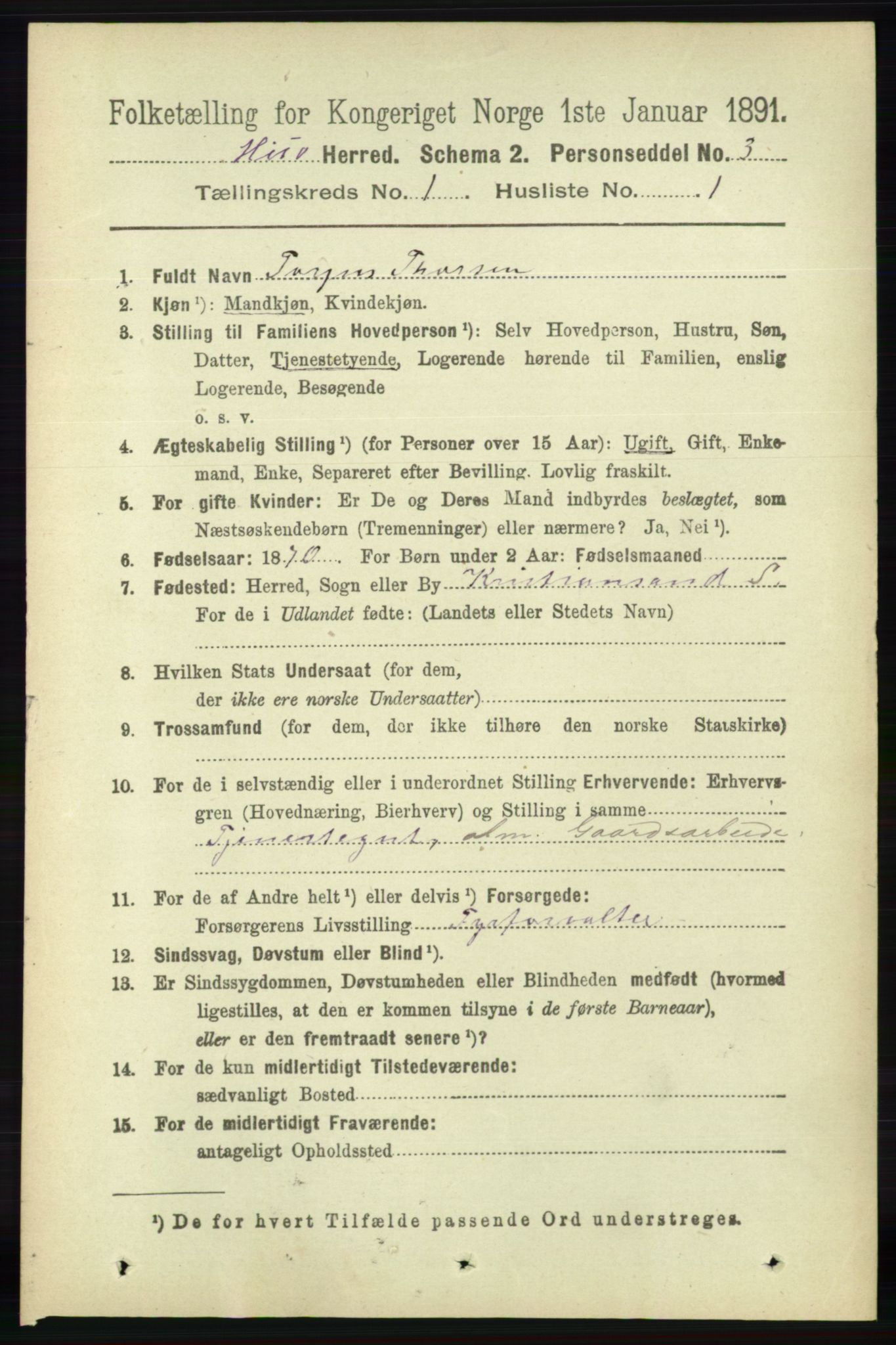 RA, 1891 census for 0922 Hisøy, 1891, p. 125