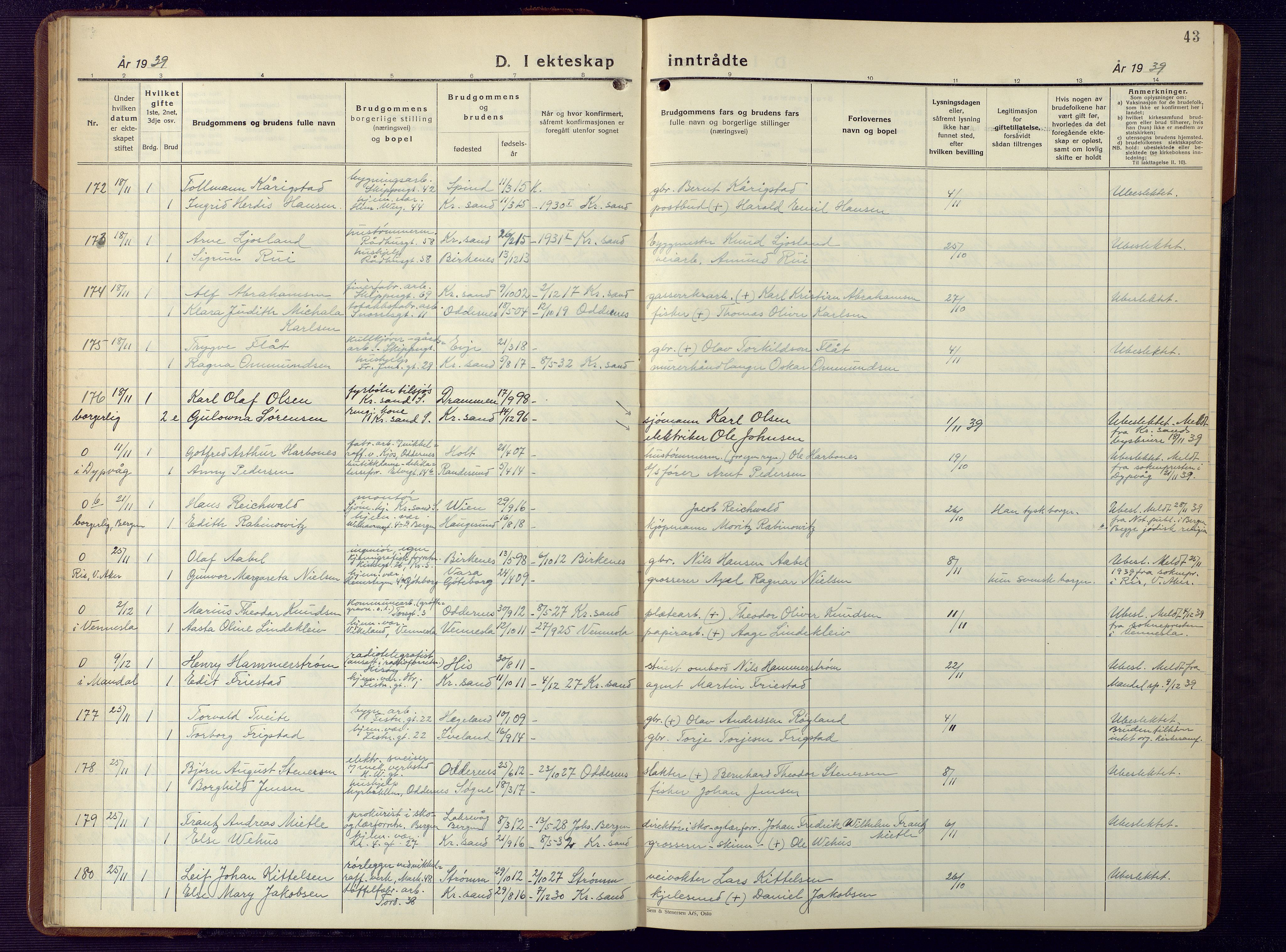 Kristiansand domprosti, AV/SAK-1112-0006/F/Fb/L0029: Parish register (copy) no. B 29, 1937-1945, p. 43