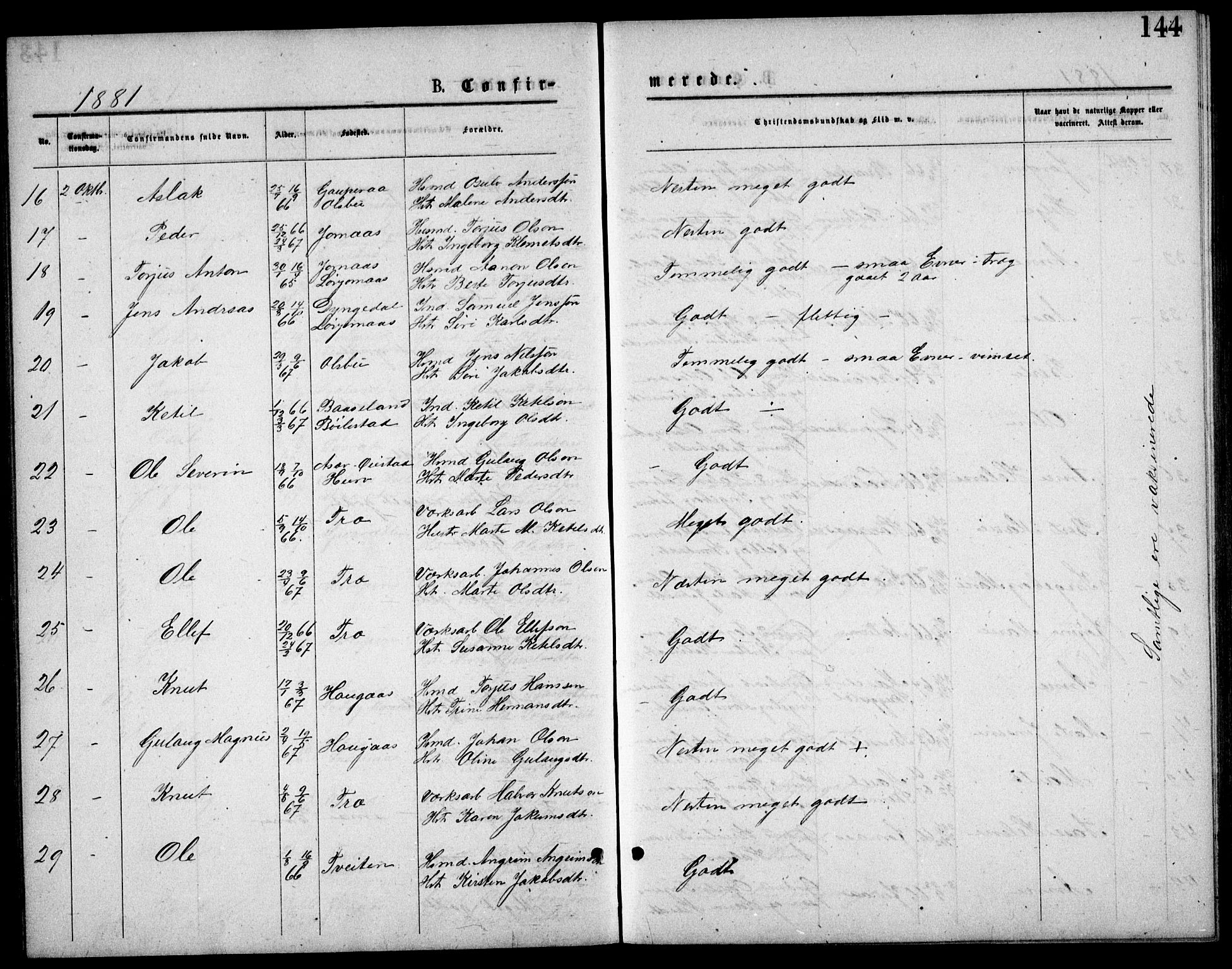 Froland sokneprestkontor, AV/SAK-1111-0013/F/Fb/L0009: Parish register (copy) no. B 9, 1875-1893, p. 144