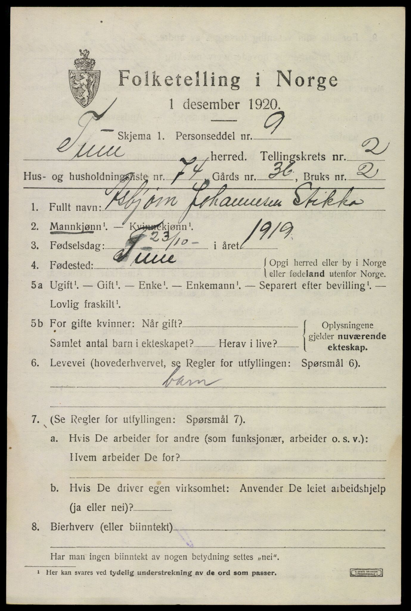 SAO, 1920 census for Tune, 1920, p. 3654