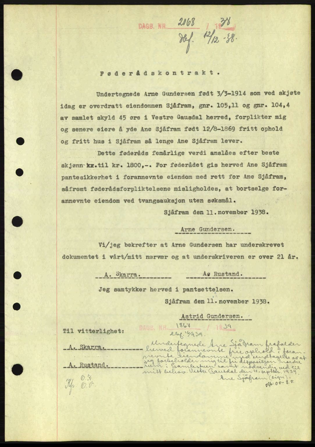 Sør-Gudbrandsdal tingrett, SAH/TING-004/H/Hb/Hbe/L0001: Mortgage book no. B1, 1936-1939, Diary no: : 2068/1938