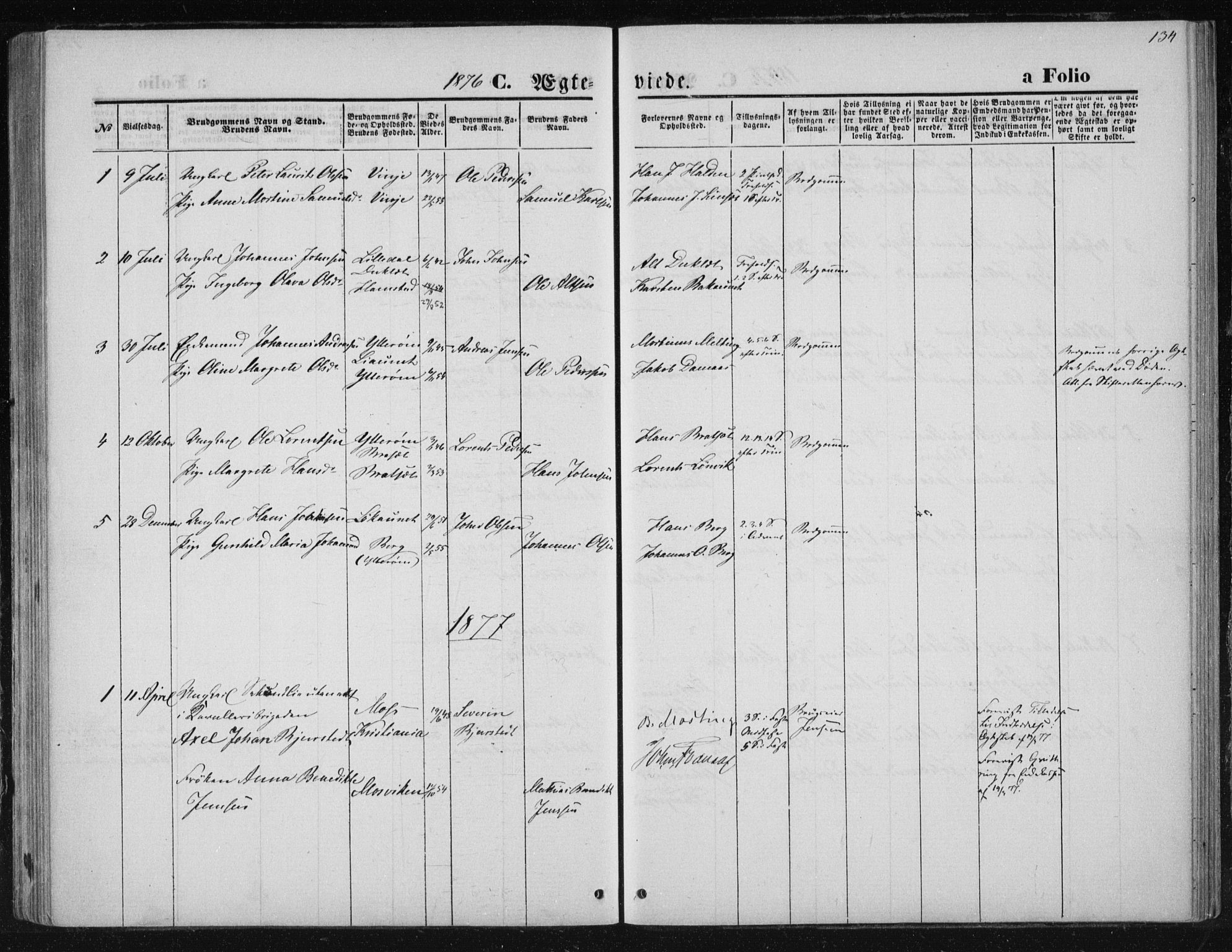 Ministerialprotokoller, klokkerbøker og fødselsregistre - Nord-Trøndelag, AV/SAT-A-1458/733/L0324: Parish register (official) no. 733A03, 1870-1883, p. 134