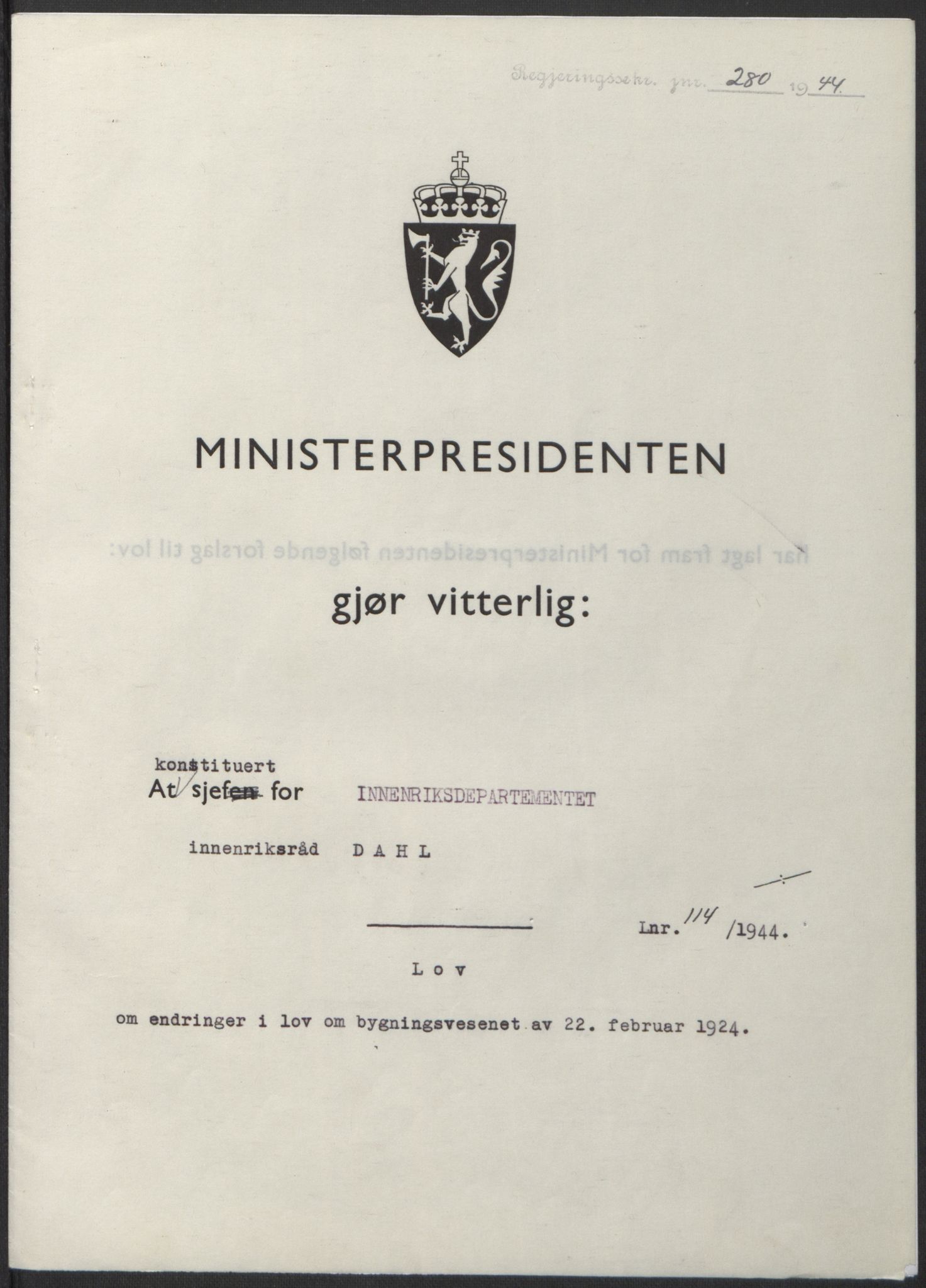 NS-administrasjonen 1940-1945 (Statsrådsekretariatet, de kommisariske statsråder mm), RA/S-4279/D/Db/L0100: Lover, 1944, p. 545