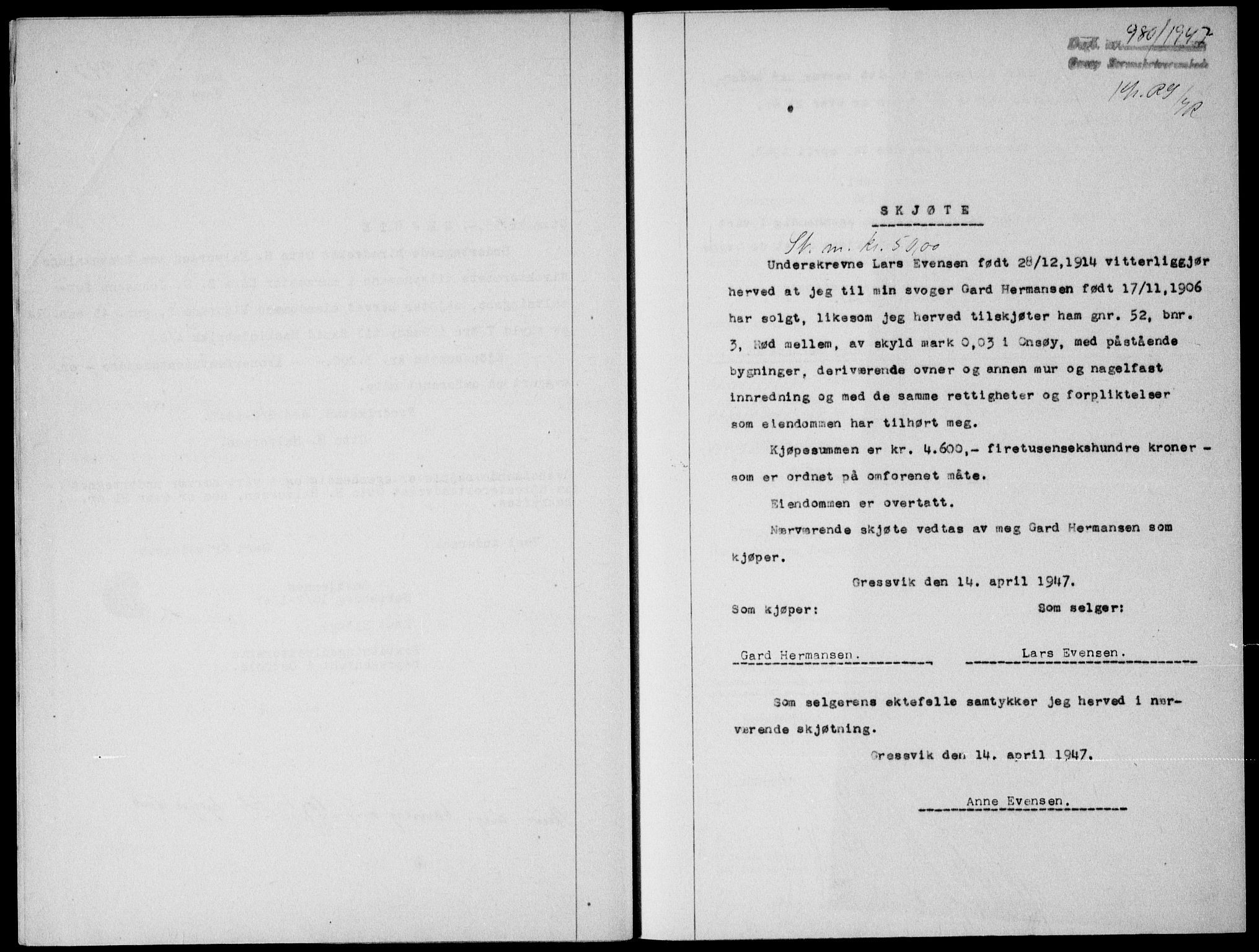 Onsøy sorenskriveri, SAO/A-10474/G/Ga/Gab/L0019b: Mortgage book no. II A-19 B, 1947-1947, Diary no: : 980/1947