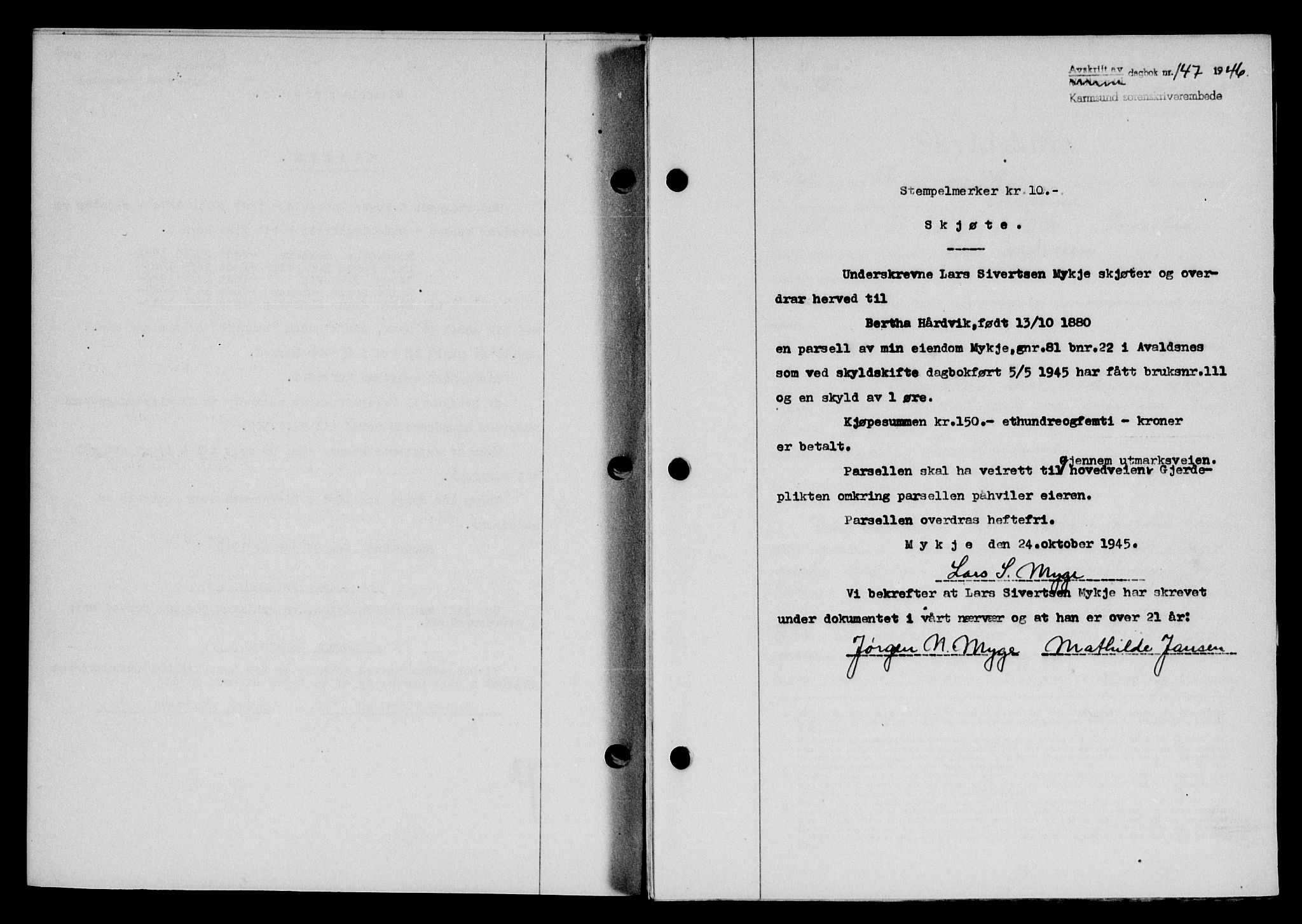 Karmsund sorenskriveri, AV/SAST-A-100311/01/II/IIB/L0085: Mortgage book no. 66A, 1946-1946, Diary no: : 147/1946