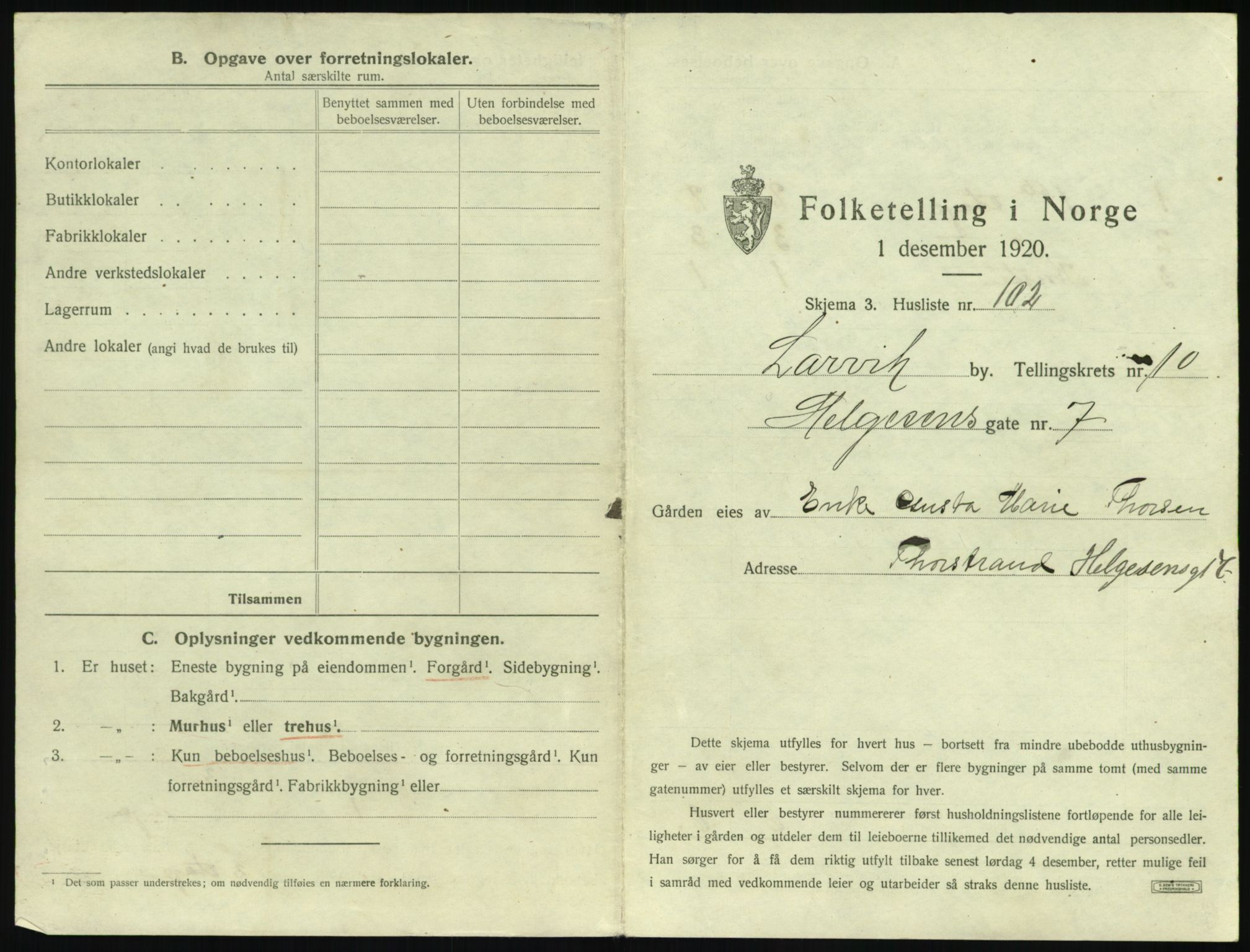 SAKO, 1920 census for Larvik, 1920, p. 2616