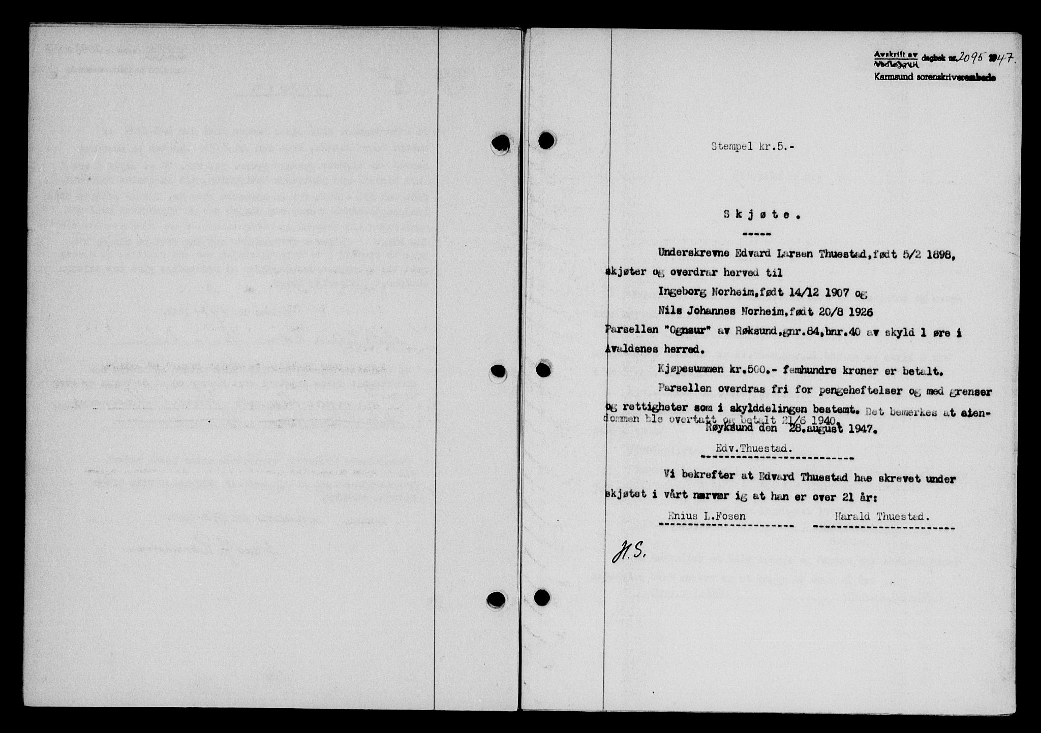 Karmsund sorenskriveri, SAST/A-100311/01/II/IIB/L0090: Mortgage book no. 70A, 1947-1947, Diary no: : 2095/1947
