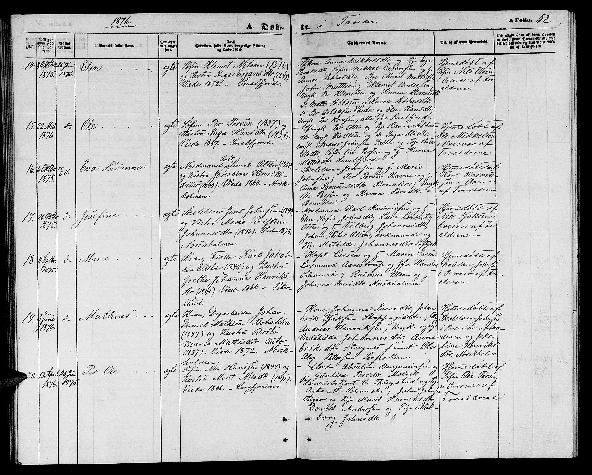 Tana sokneprestkontor, AV/SATØ-S-1334/H/Hb/L0002klokker: Parish register (copy) no. 2 /1, 1866-1877, p. 52