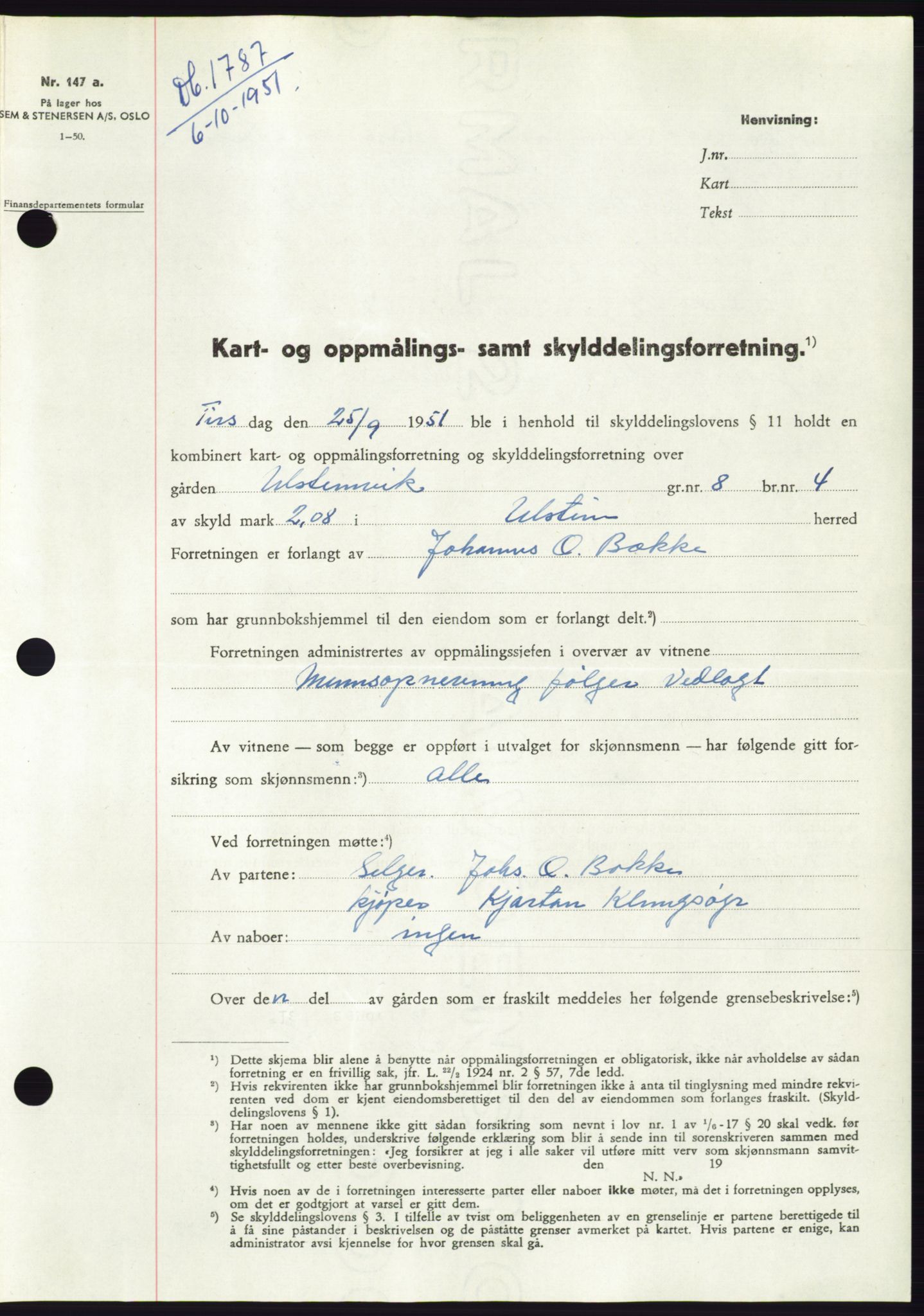 Søre Sunnmøre sorenskriveri, AV/SAT-A-4122/1/2/2C/L0090: Mortgage book no. 16A, 1951-1951, Diary no: : 1787/1951