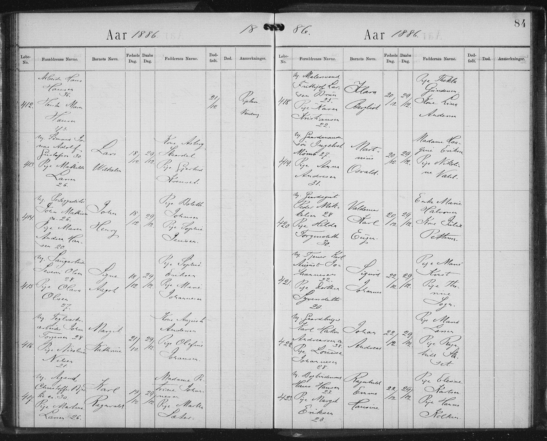 Rikshospitalet prestekontor Kirkebøker, AV/SAO-A-10309b/K/L0003/0002: Baptism register no. 3.2, 1884-1889, p. 84