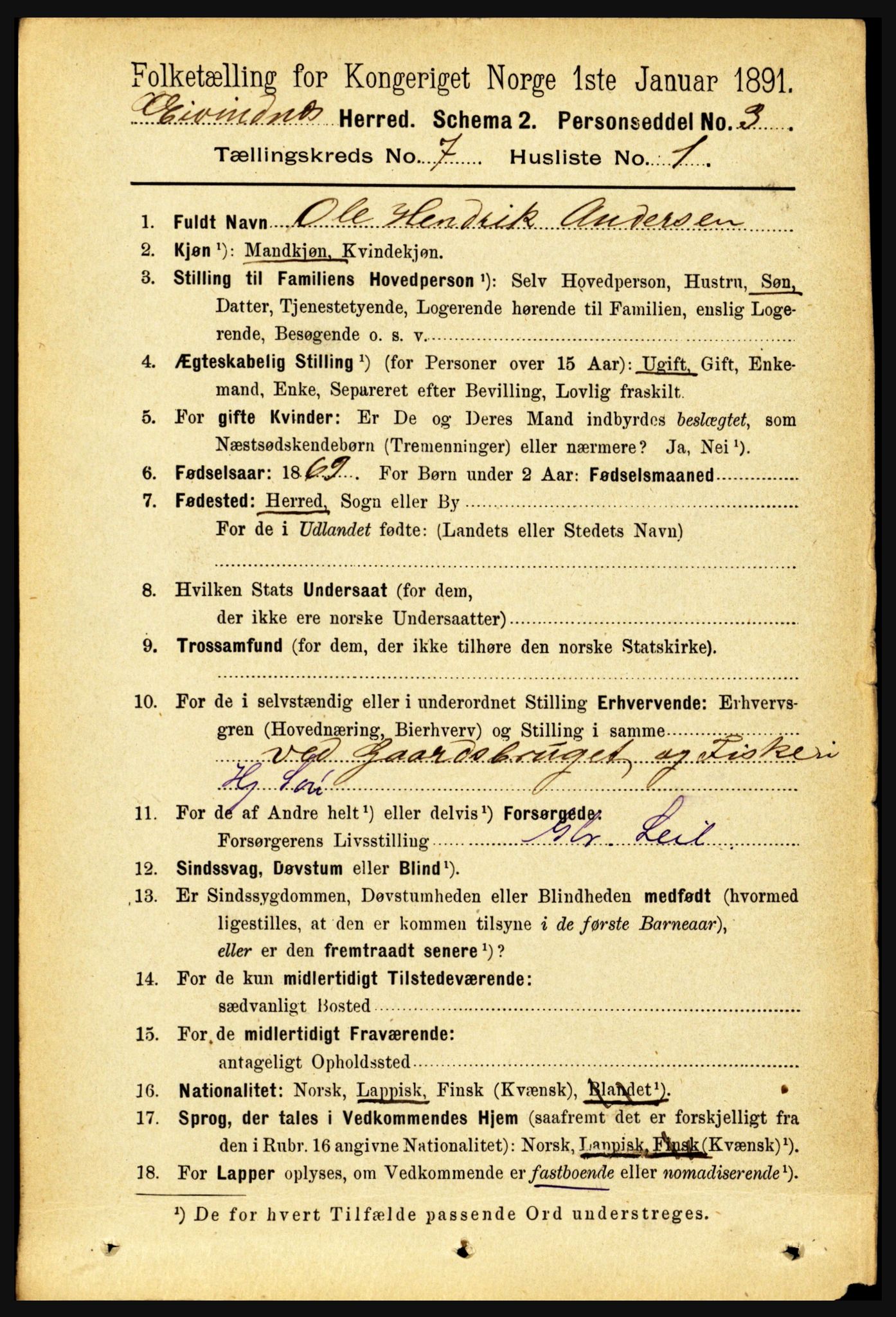 RA, 1891 census for 1853 Evenes, 1891, p. 2174