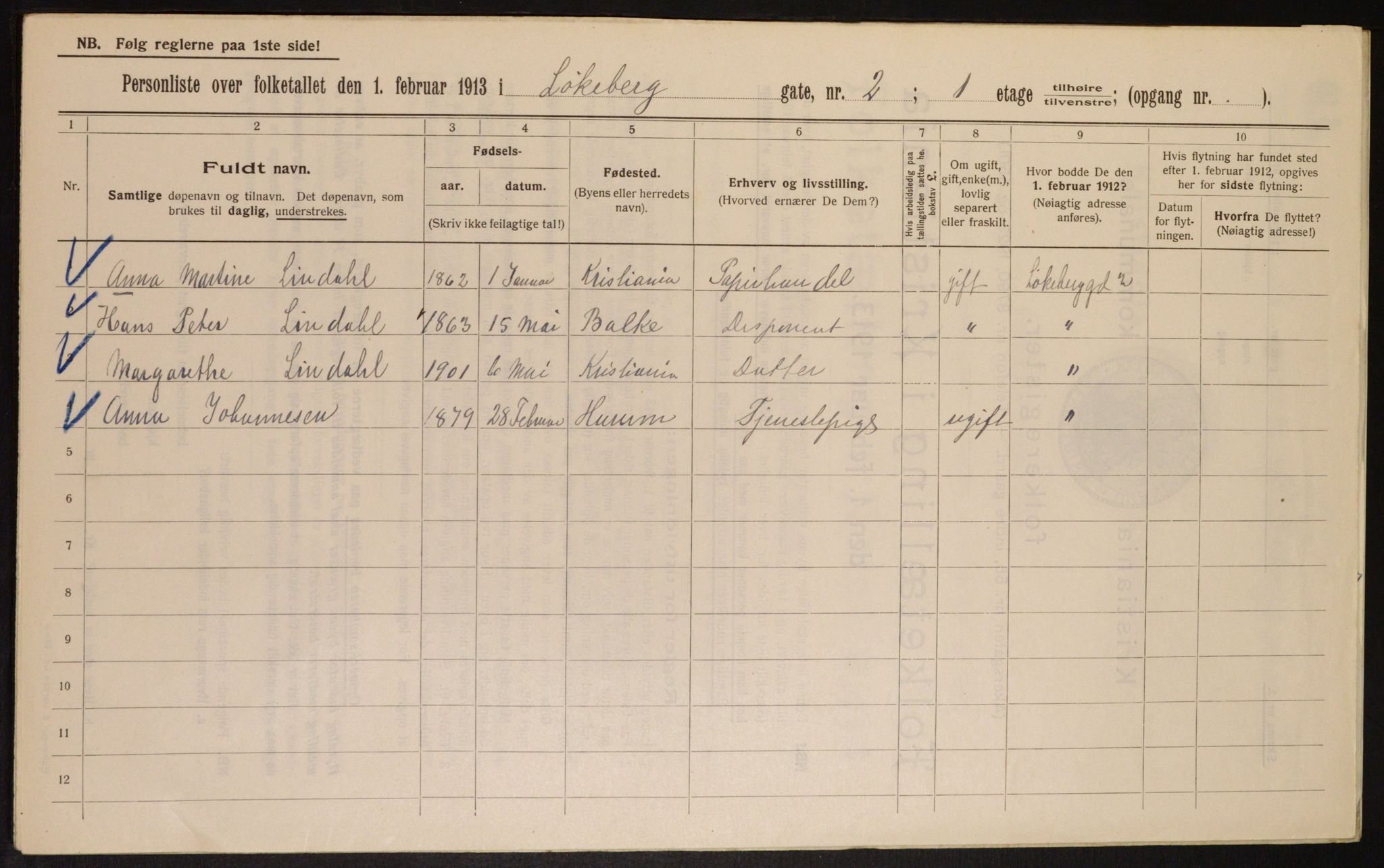 OBA, Municipal Census 1913 for Kristiania, 1913, p. 58352