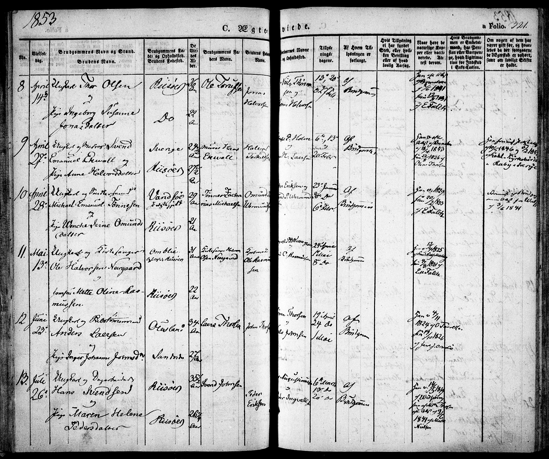 Risør sokneprestkontor, AV/SAK-1111-0035/F/Fa/L0003: Parish register (official) no. A 3, 1838-1864, p. 321