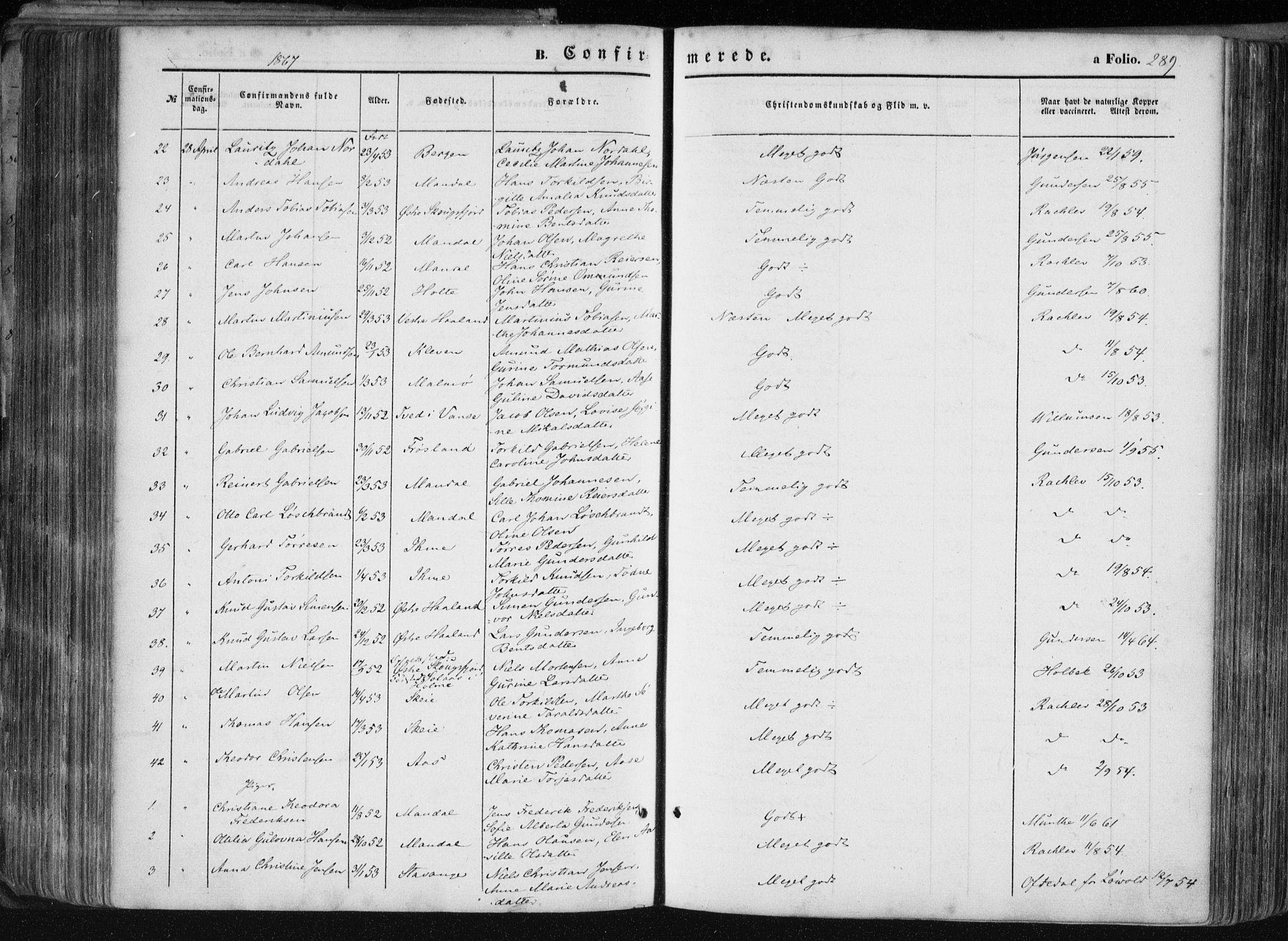 Mandal sokneprestkontor, AV/SAK-1111-0030/F/Fa/Faa/L0014: Parish register (official) no. A 14, 1859-1872, p. 289