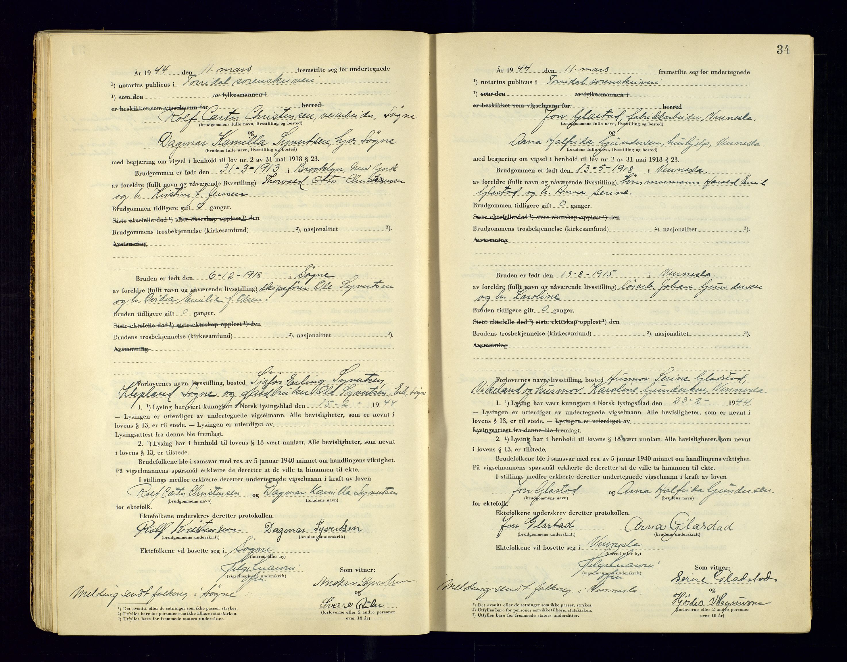 Torridal sorenskriveri, AV/SAK-1221-0012/L/Ld/L0004: Vigselbok nr. 2, 1943-1946, p. 34