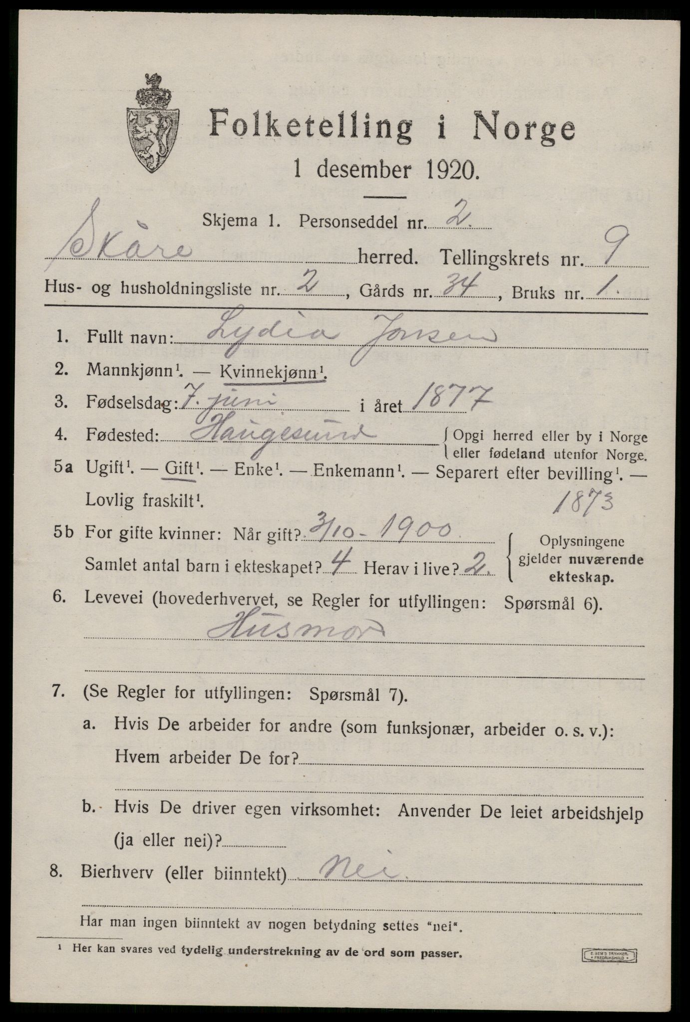 SAST, 1920 census for Skåre, 1920, p. 6842