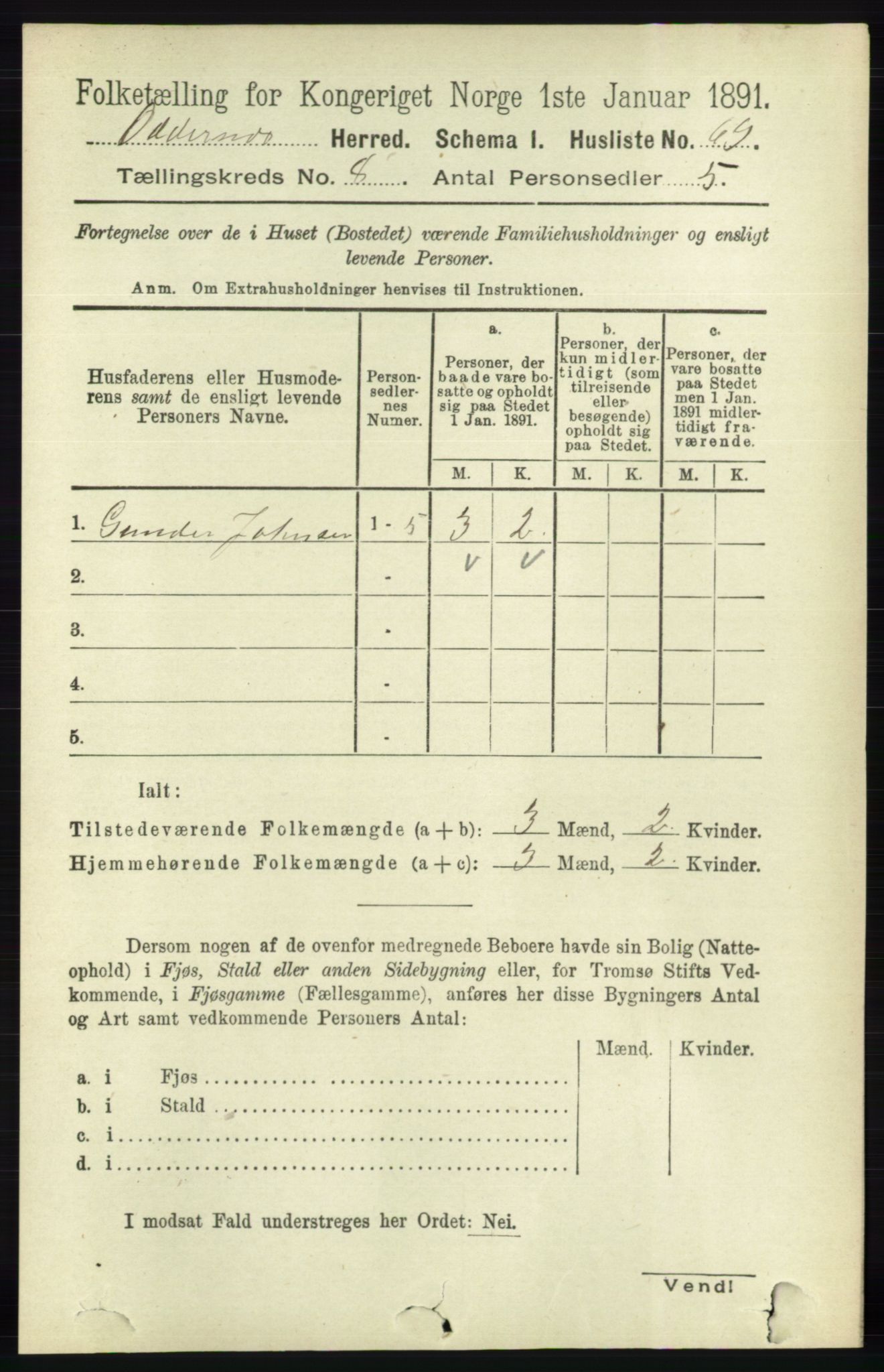 RA, 1891 census for 1012 Oddernes, 1891, p. 2701