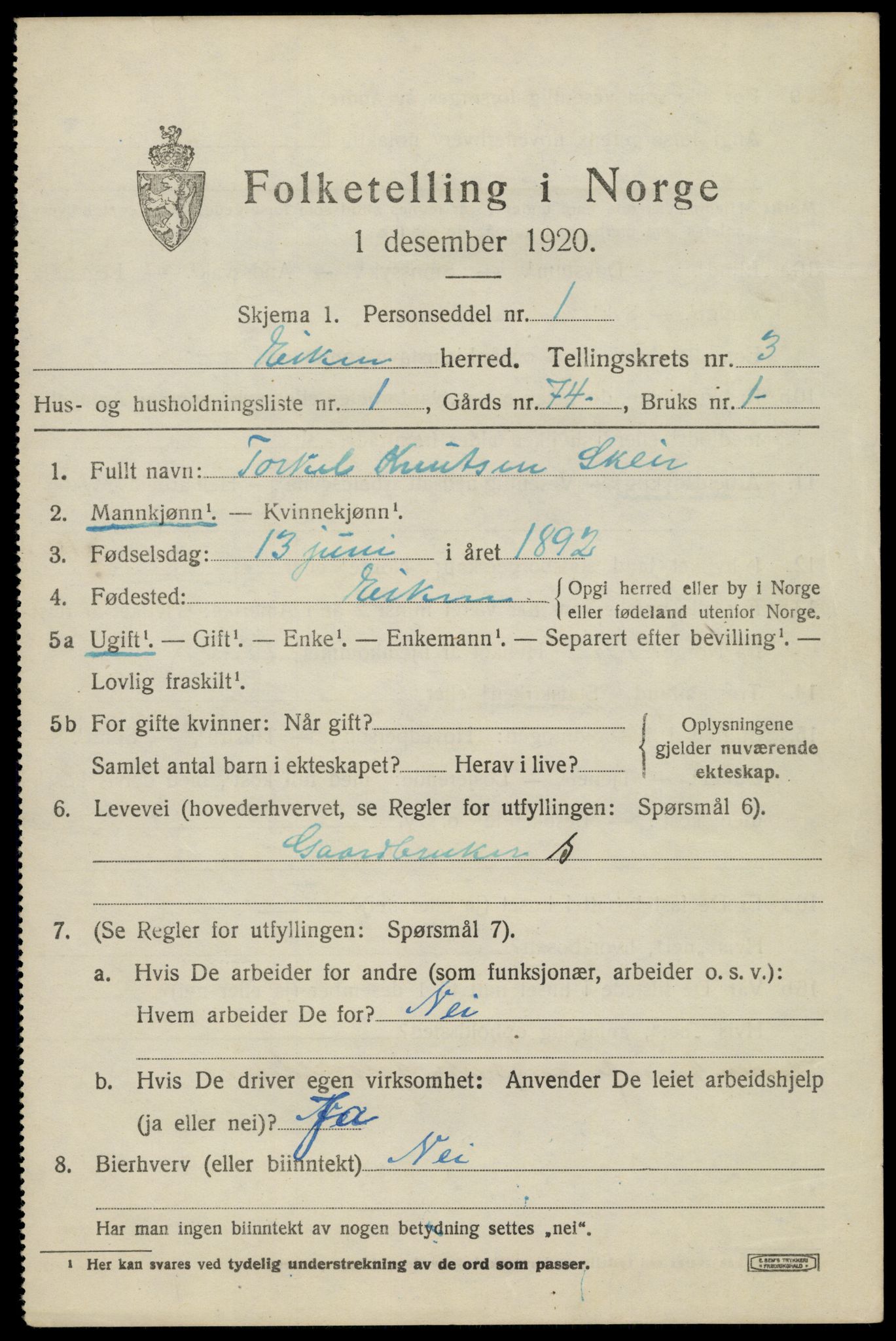 SAK, 1920 census for Eiken, 1920, p. 937