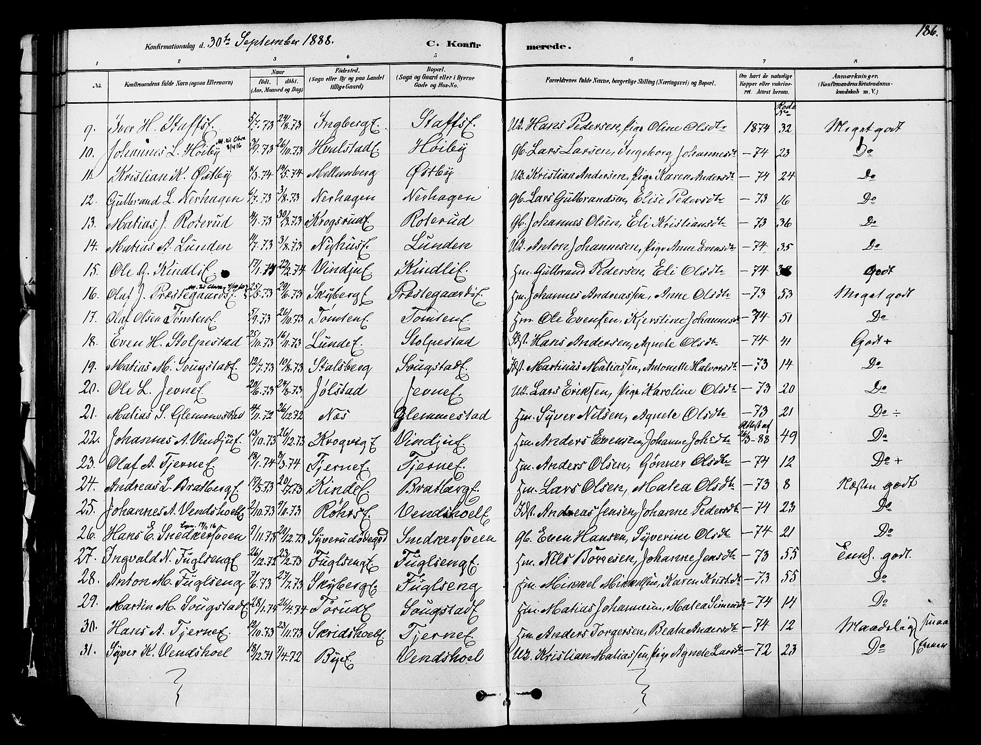 Ringsaker prestekontor, SAH/PREST-014/K/Ka/L0012: Parish register (official) no. 12, 1879-1890, p. 186