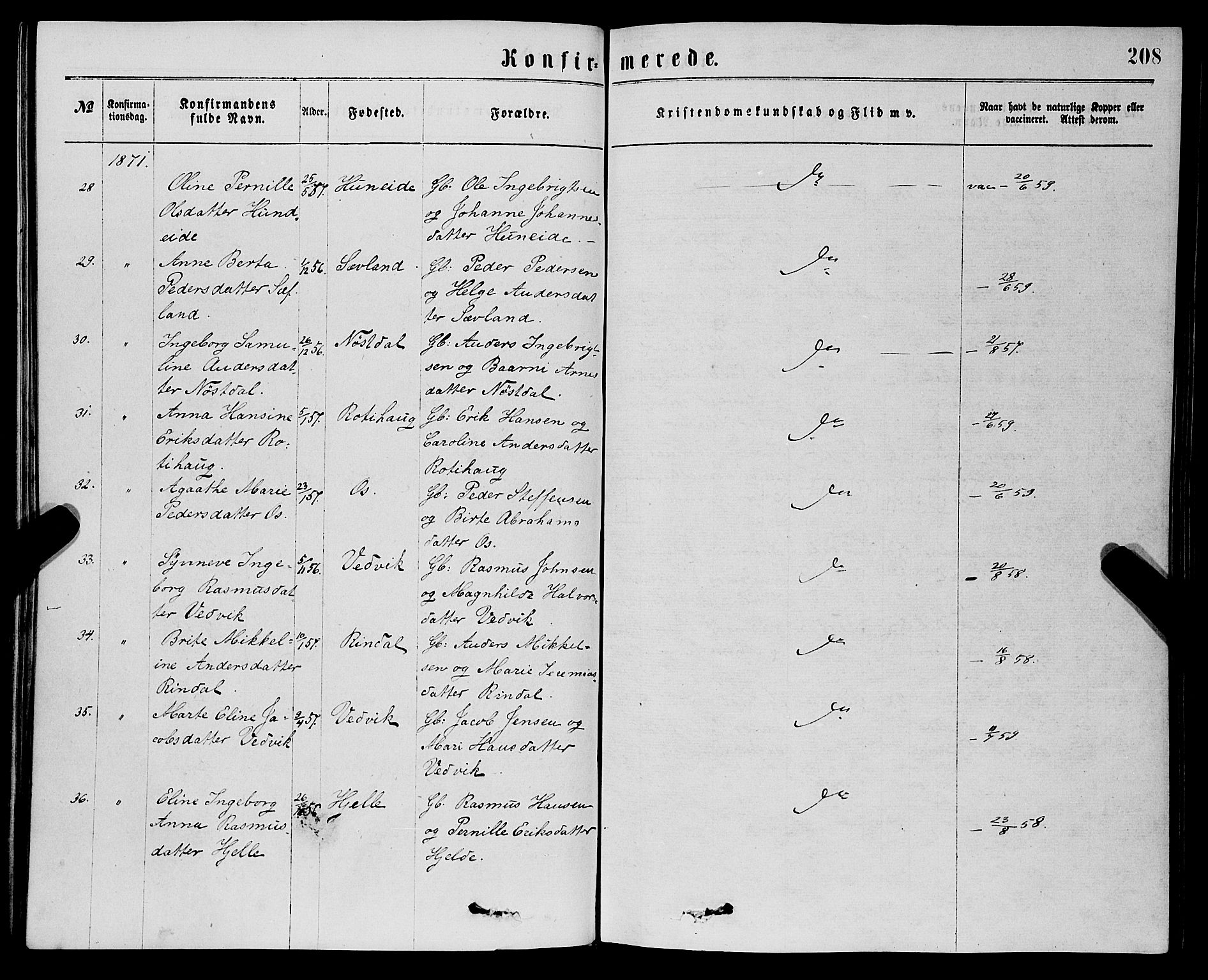 Eid sokneprestembete, AV/SAB-A-82301/H/Haa/Haaa/L0010: Parish register (official) no. A 10, 1867-1878, p. 208