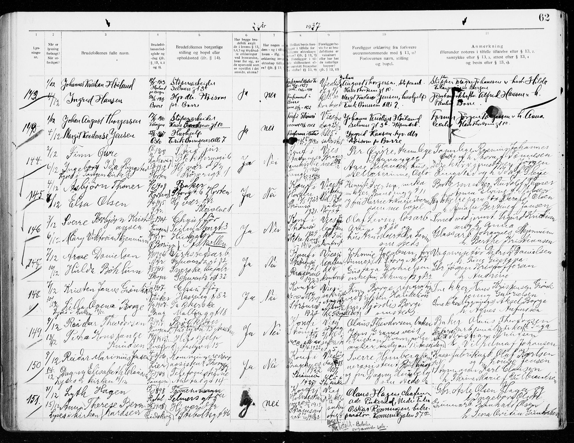 Strømsø kirkebøker, SAKO/A-246/H/Ha/L0019: Banns register no. 19, 1932-1941, p. 62