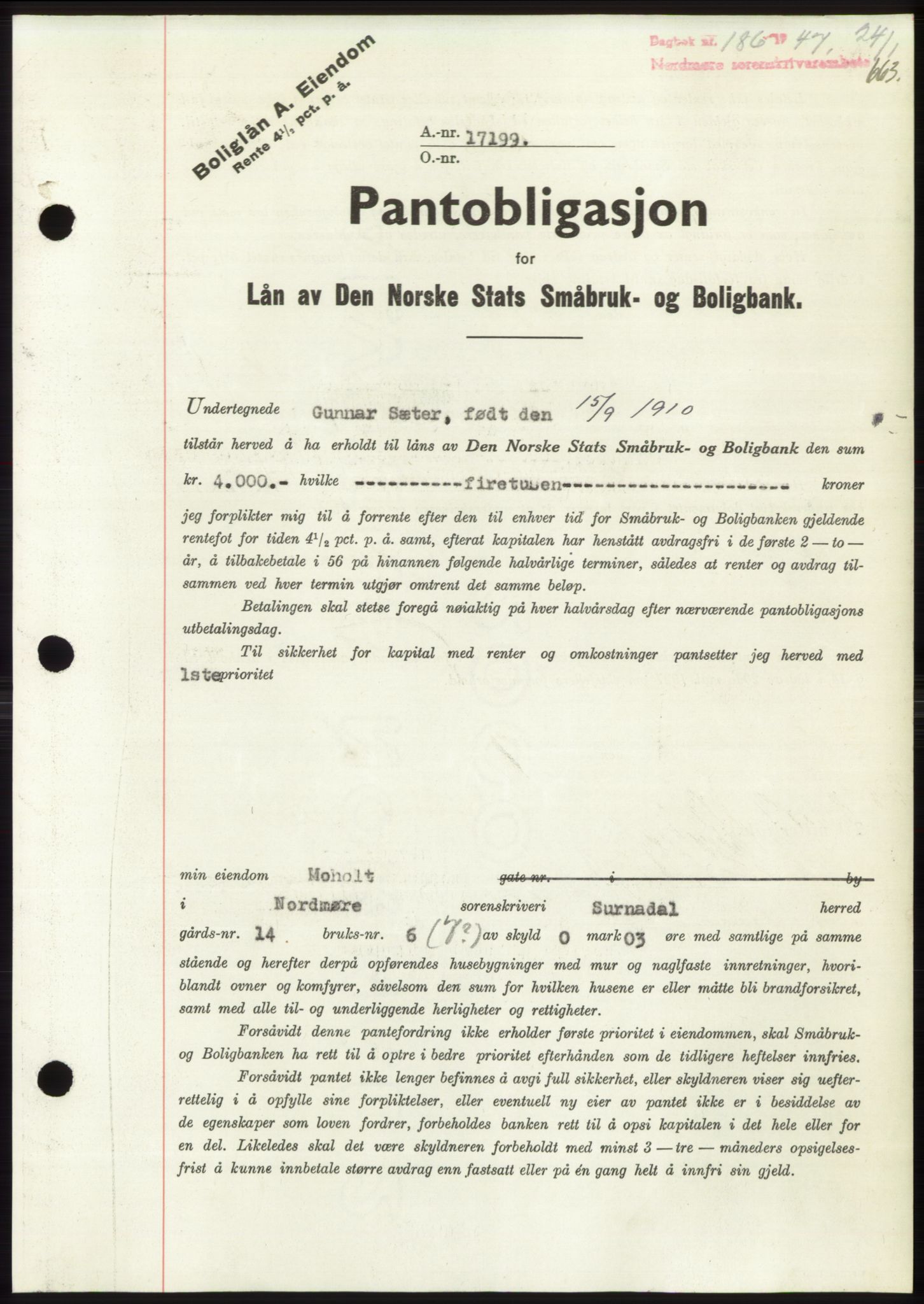 Nordmøre sorenskriveri, AV/SAT-A-4132/1/2/2Ca: Mortgage book no. B95, 1946-1947, Diary no: : 186/1947