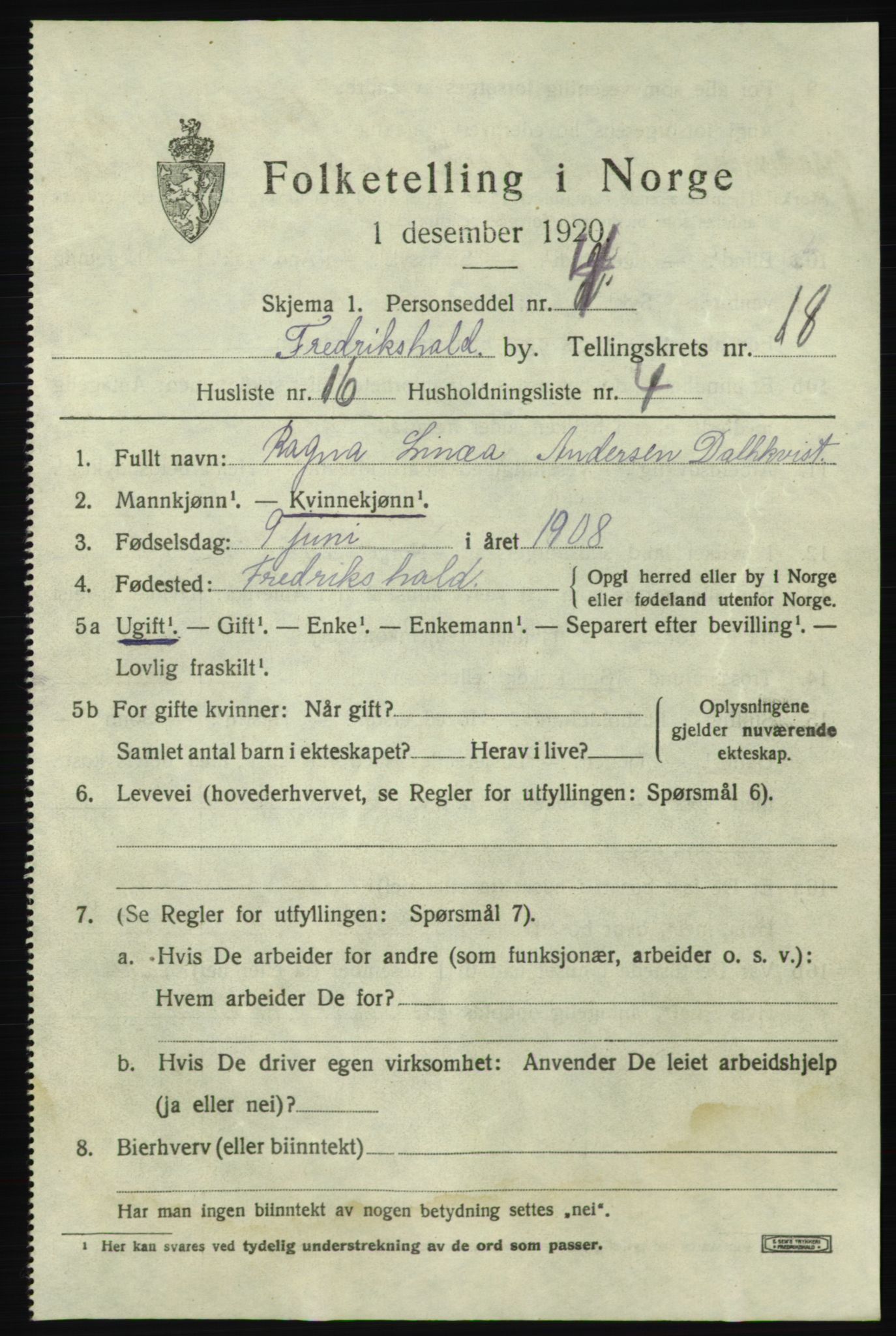 SAO, 1920 census for Fredrikshald, 1920, p. 27471