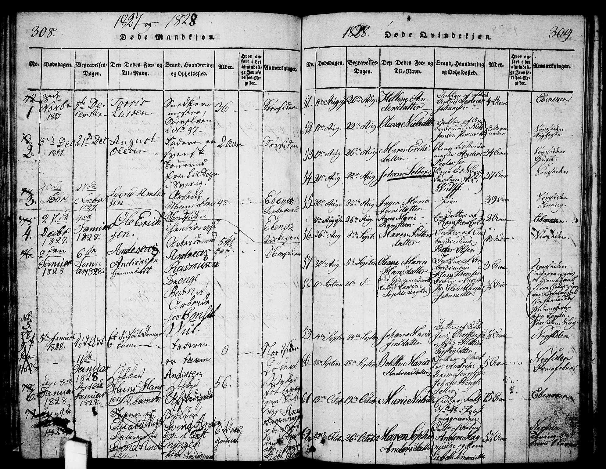 Halden prestekontor Kirkebøker, AV/SAO-A-10909/G/Ga/L0001: Parish register (copy) no. 1, 1815-1833, p. 308-309