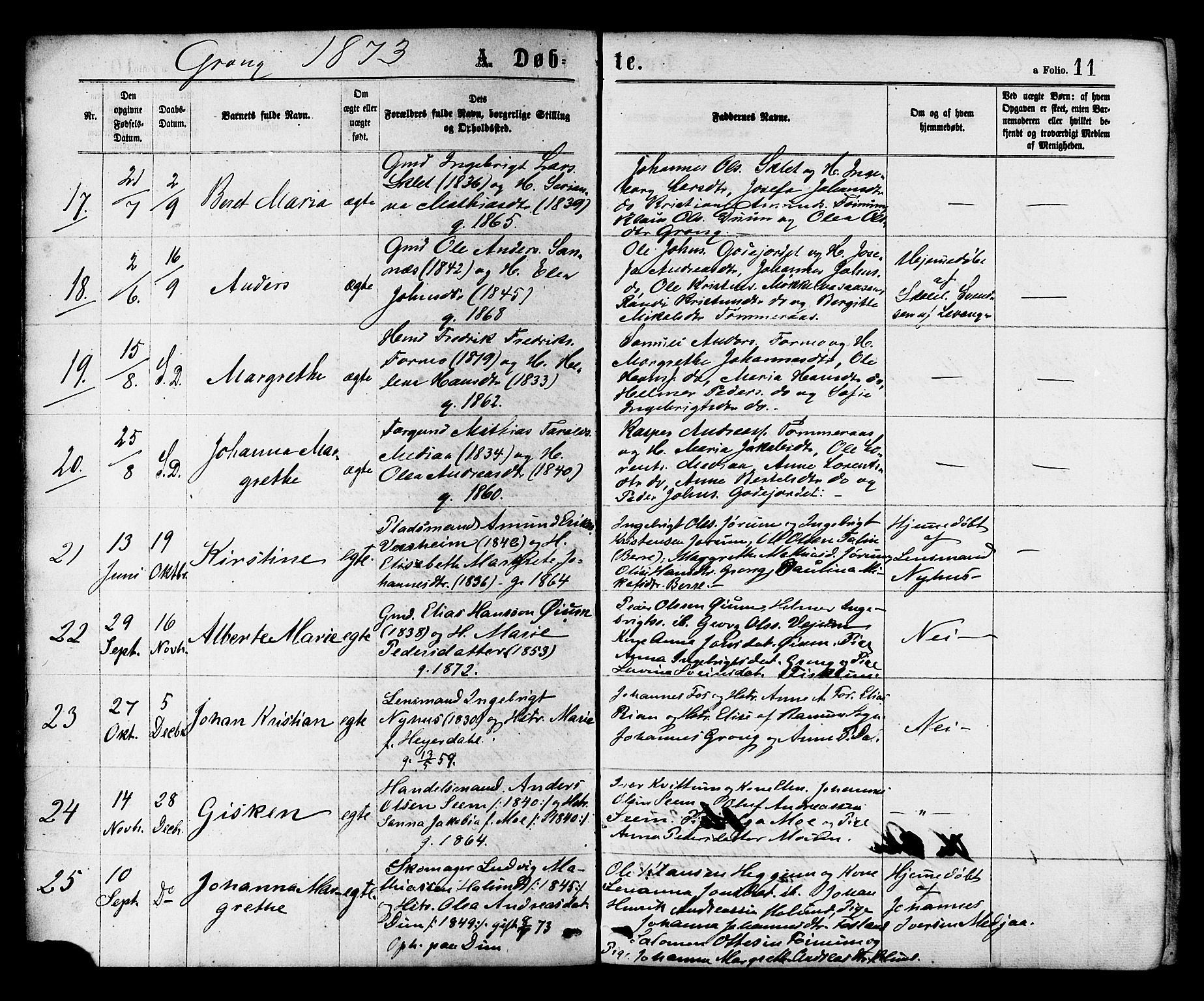 Ministerialprotokoller, klokkerbøker og fødselsregistre - Nord-Trøndelag, AV/SAT-A-1458/758/L0516: Parish register (official) no. 758A03 /1, 1869-1879, p. 11