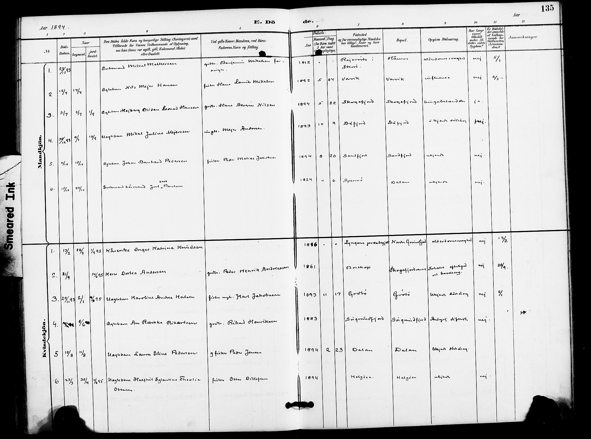 Karlsøy sokneprestembete, AV/SATØ-S-1299/H/Ha/Haa/L0012kirke: Parish register (official) no. 12, 1892-1902, p. 135