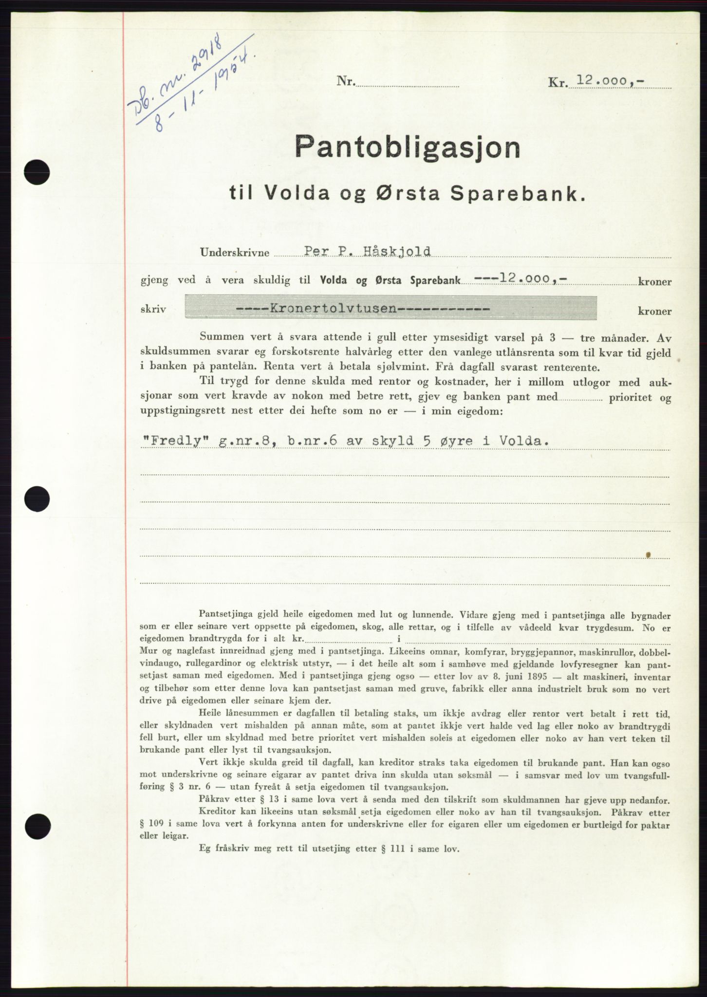 Søre Sunnmøre sorenskriveri, AV/SAT-A-4122/1/2/2C/L0126: Mortgage book no. 14B, 1954-1955, Diary no: : 2918/1954