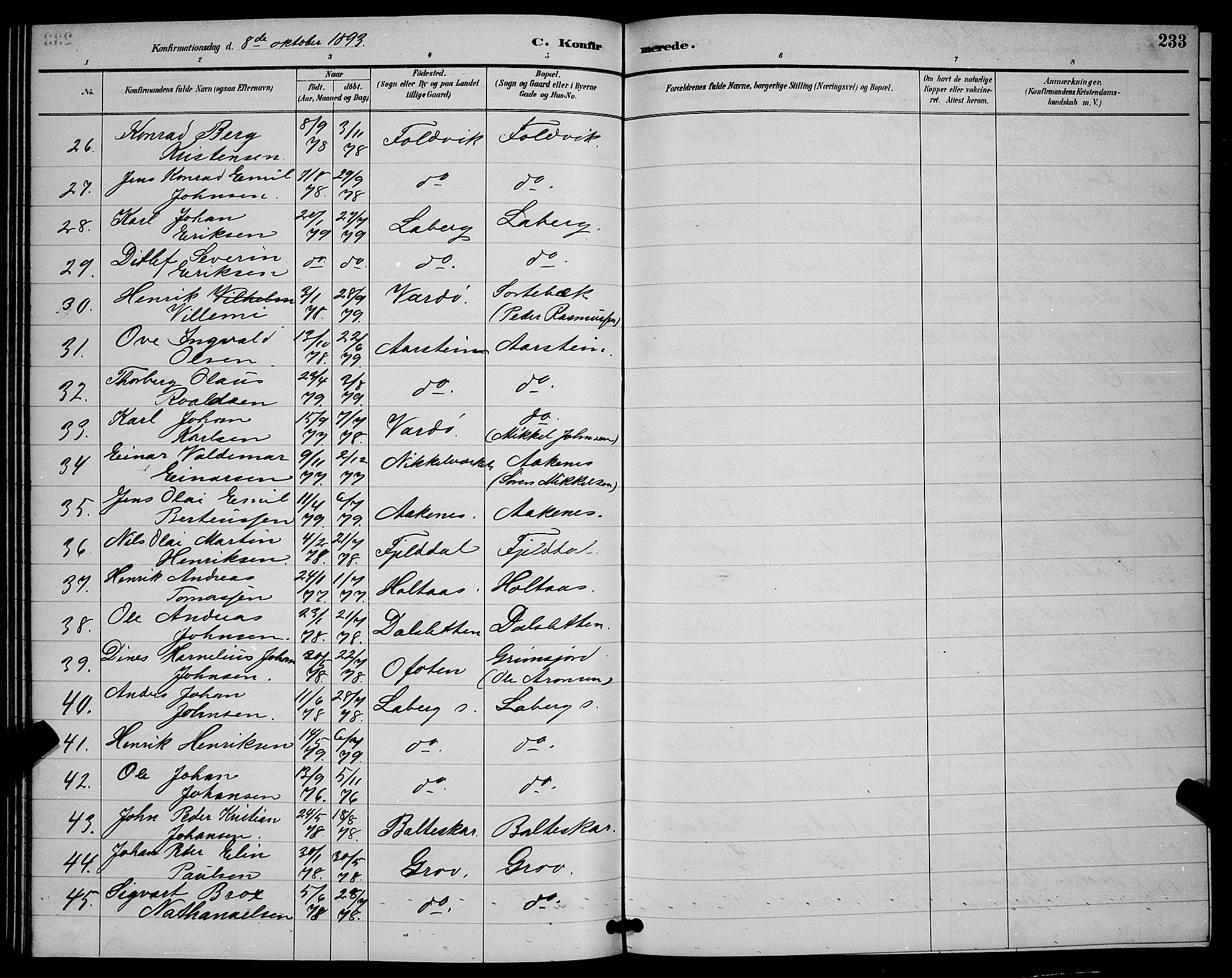Ibestad sokneprestembete, SATØ/S-0077/H/Ha/Hab/L0008klokker: Parish register (copy) no. 8, 1890-1903, p. 233