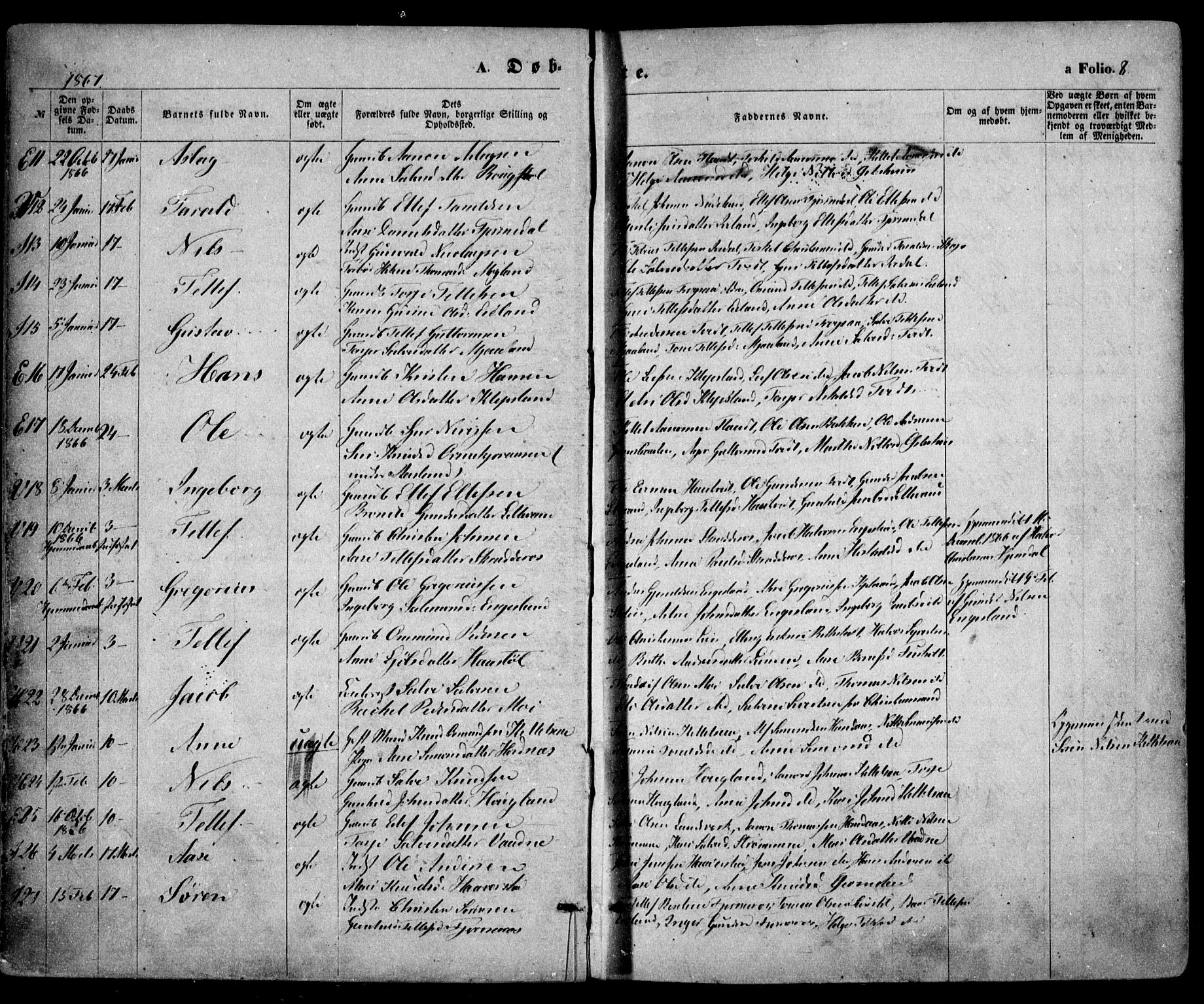 Evje sokneprestkontor, SAK/1111-0008/F/Fa/Faa/L0006: Parish register (official) no. A 6, 1866-1884, p. 8