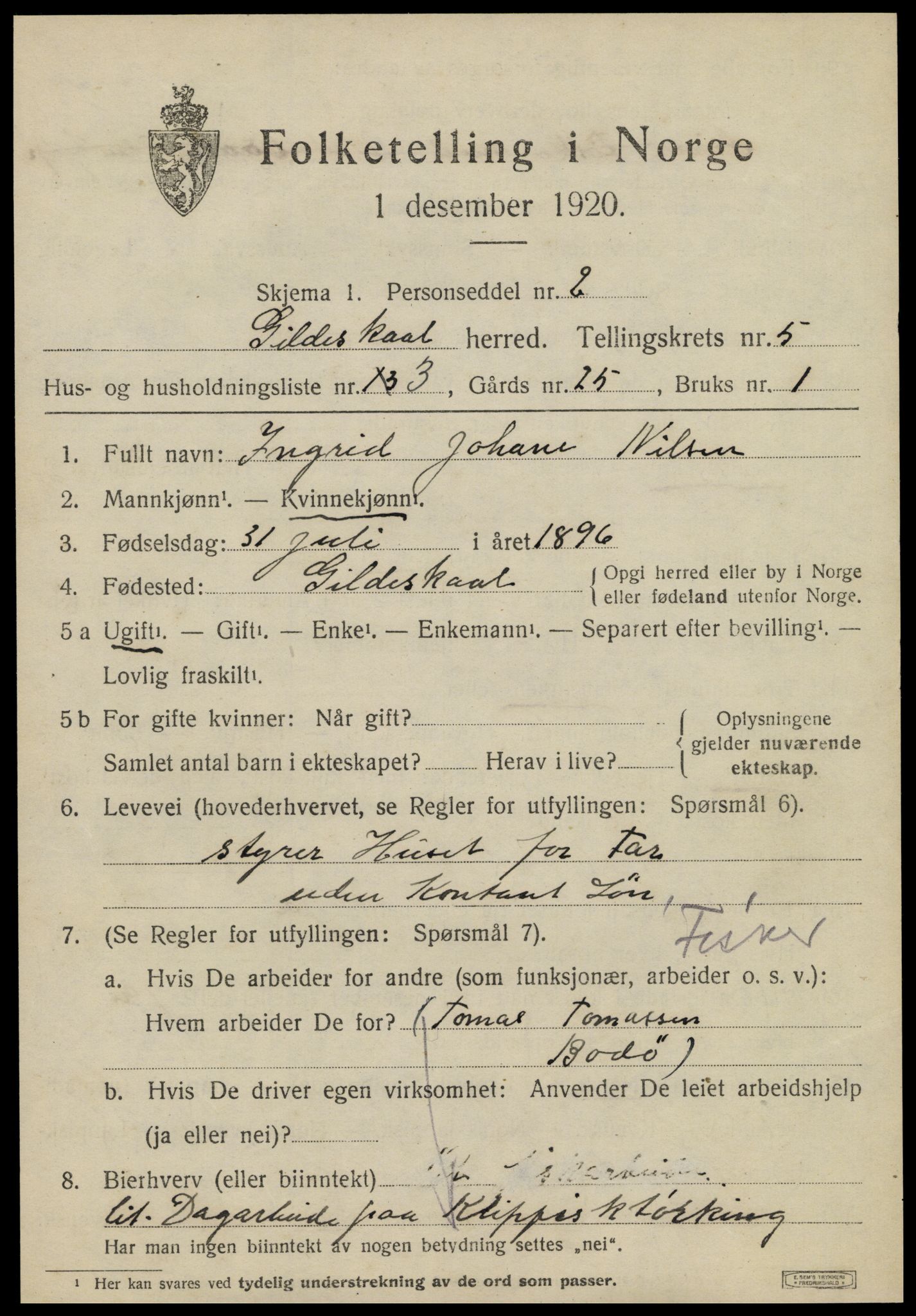 SAT, 1920 census for Gildeskål, 1920, p. 4010