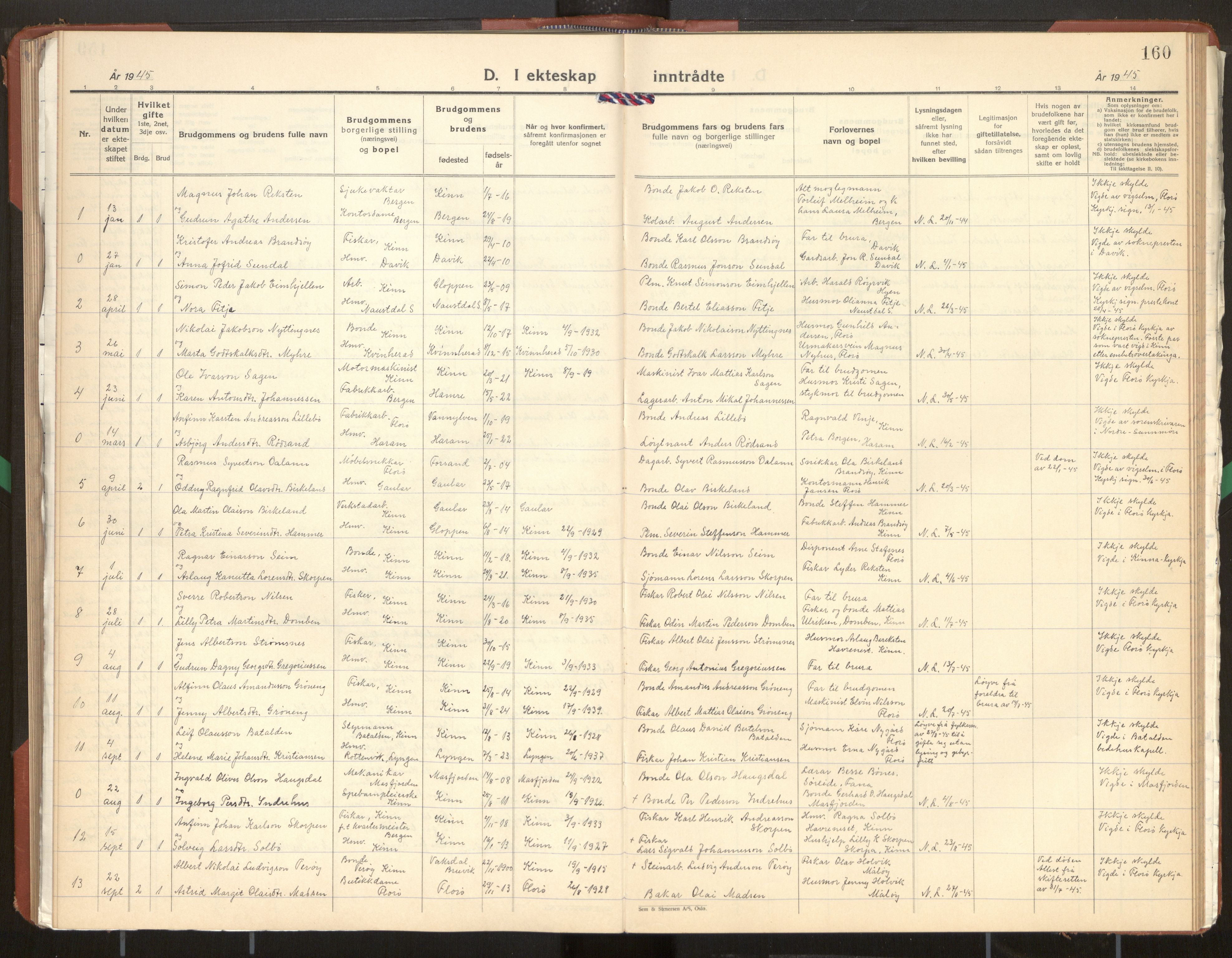 Kinn sokneprestembete, SAB/A-80801/H/Hab/Haba/L0003: Parish register (copy) no. A 3, 1939-1960, p. 160