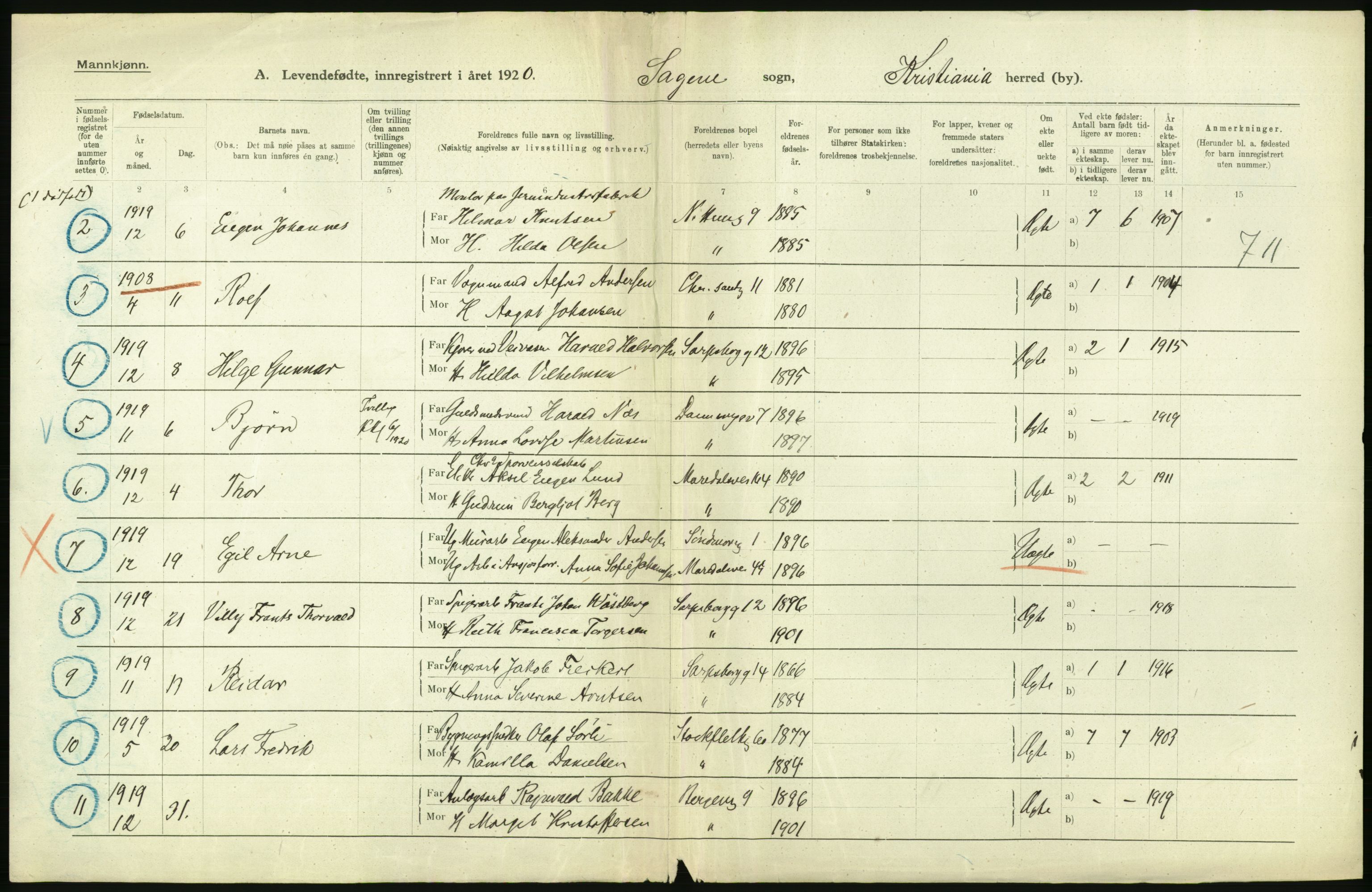 Statistisk sentralbyrå, Sosiodemografiske emner, Befolkning, AV/RA-S-2228/D/Df/Dfb/Dfbj/L0010: Kristiania: Levendefødte menn og kvinner. Dødfødte., 1920