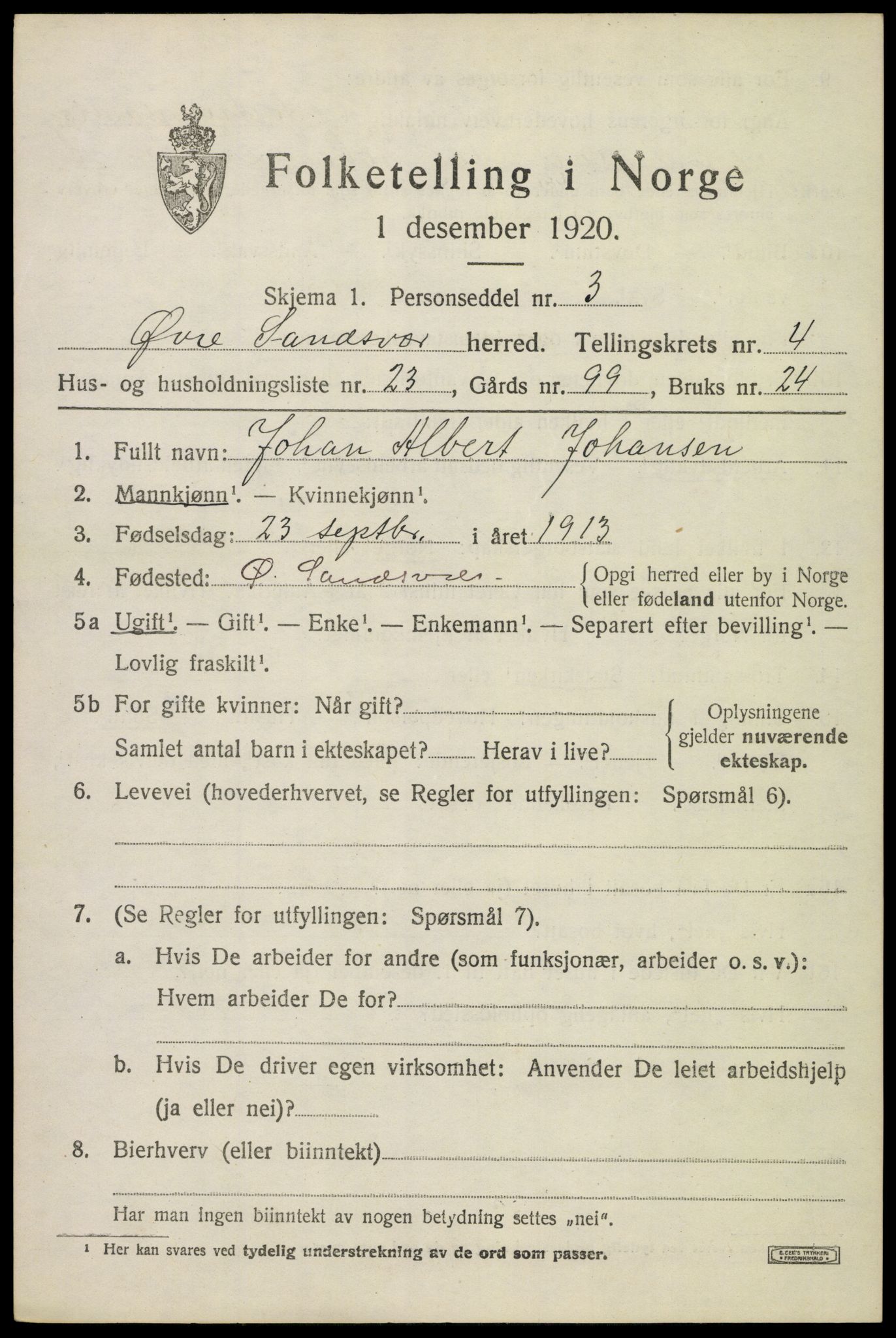 SAKO, 1920 census for Øvre Sandsvær, 1920, p. 2826